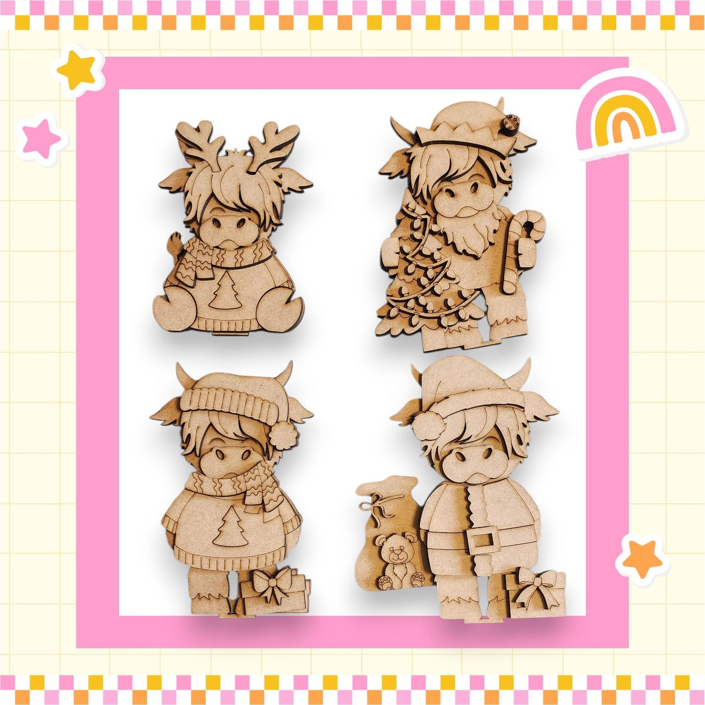 four wooden cutouts of cartoon-like characters, each wearing a unique outfit and hat, arranged in a square frame with a pink border.