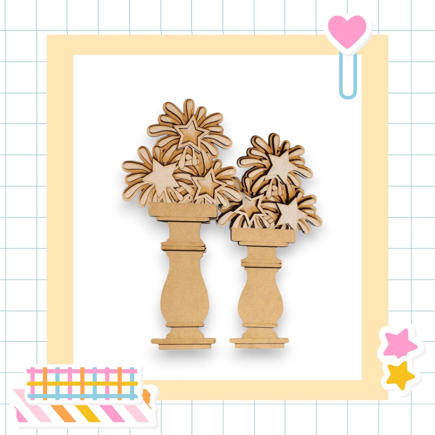 two wooden vases with star-shaped cutouts, set against a grid background with a heart-shaped sticker and colorful stickers.