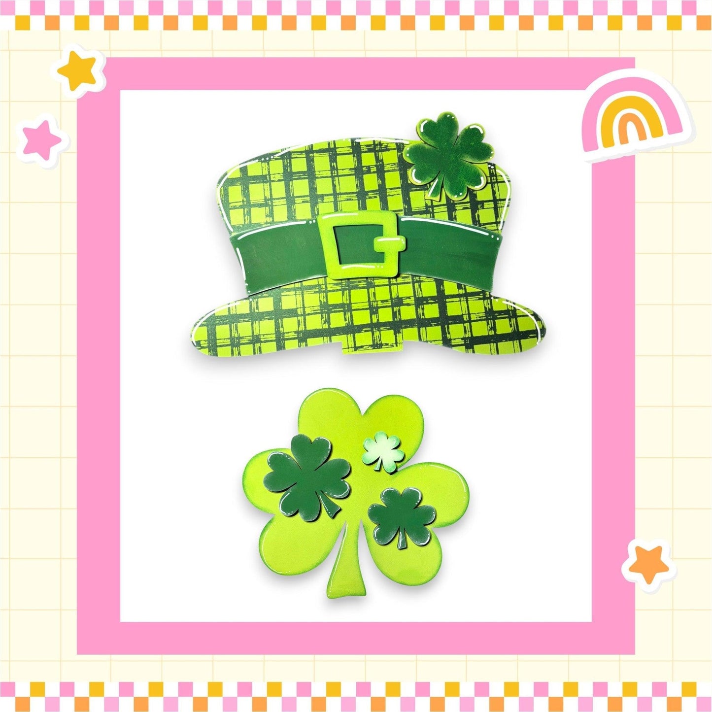 a st patrick's day card with a green hat and shamrock