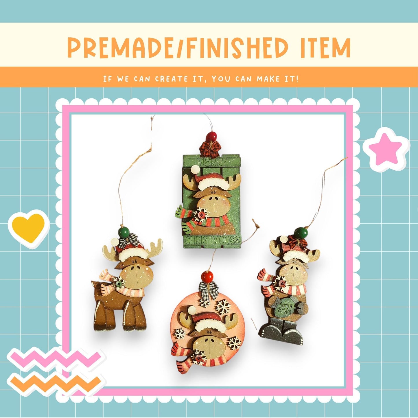 a collection of four ornaments, each depicting a moose wearing a hat and scarf. The ornaments are hanging from strings, creating a festive and decorative display.