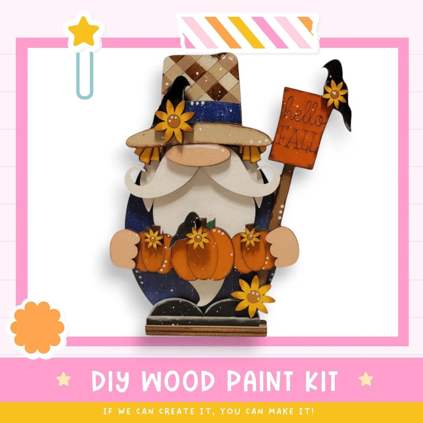 a wooden carving of a gnome holding a sign
