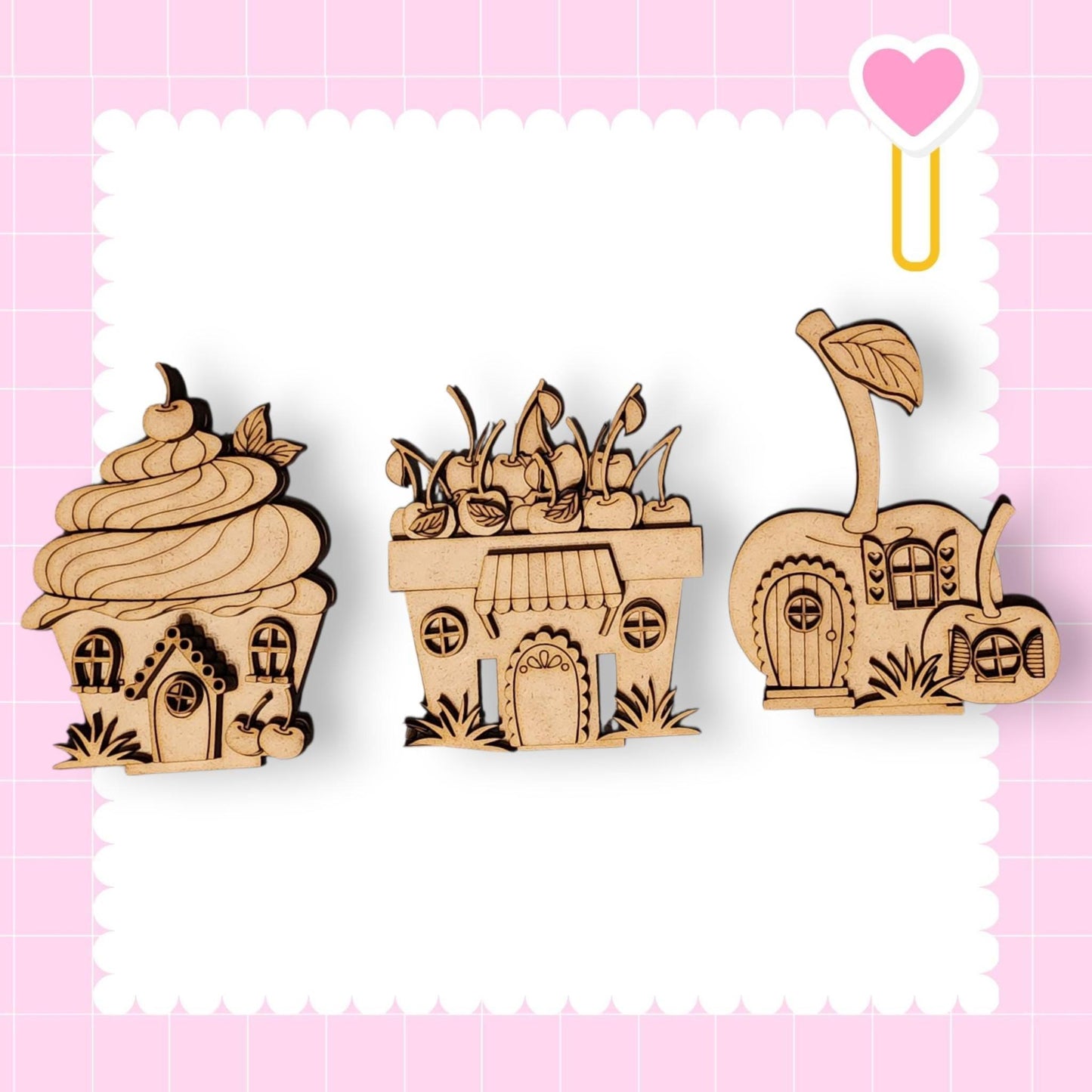 three wooden cut outs of a cupcake and a cake