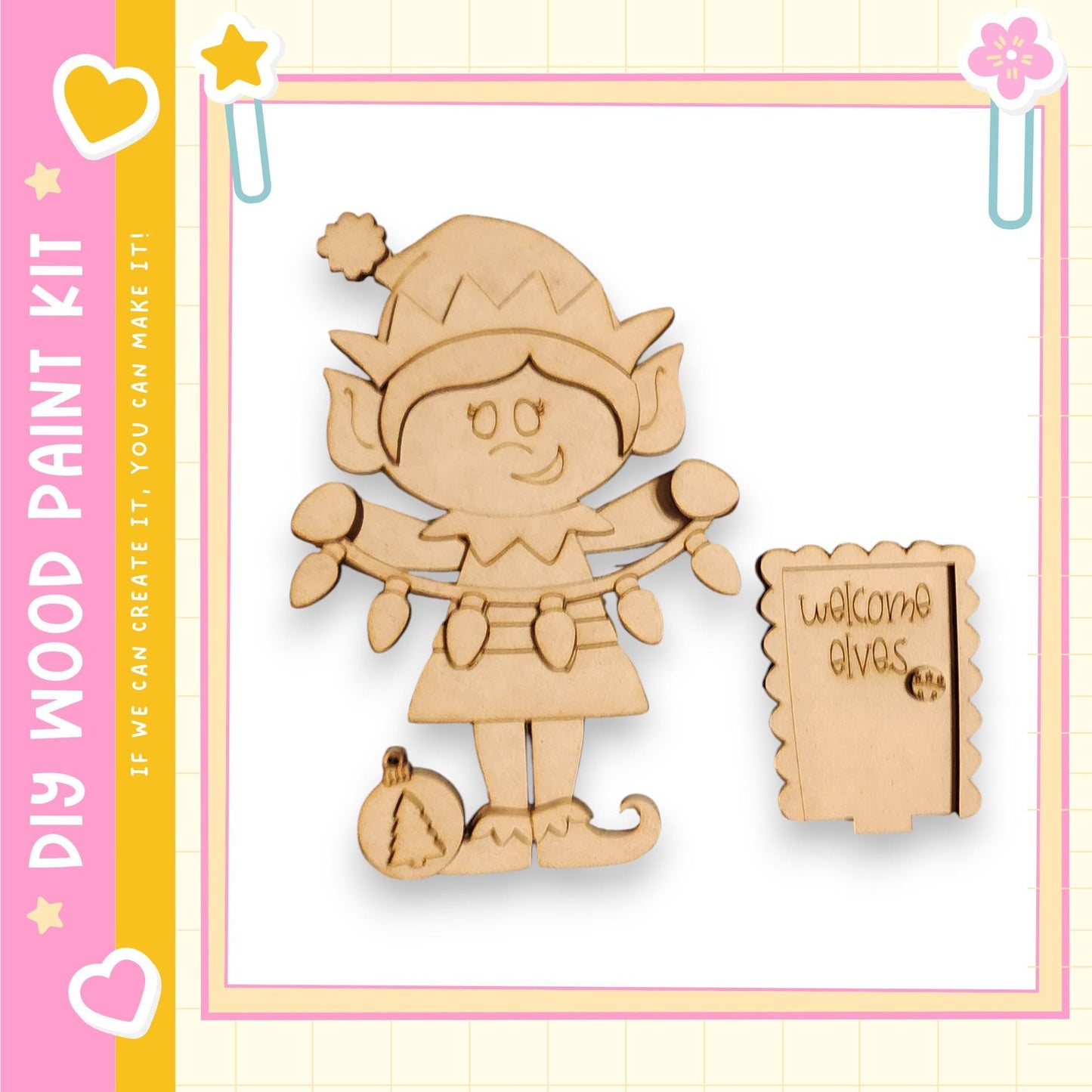 A wooden elf figurine with a sign that says "Welcome Gives" next to it.