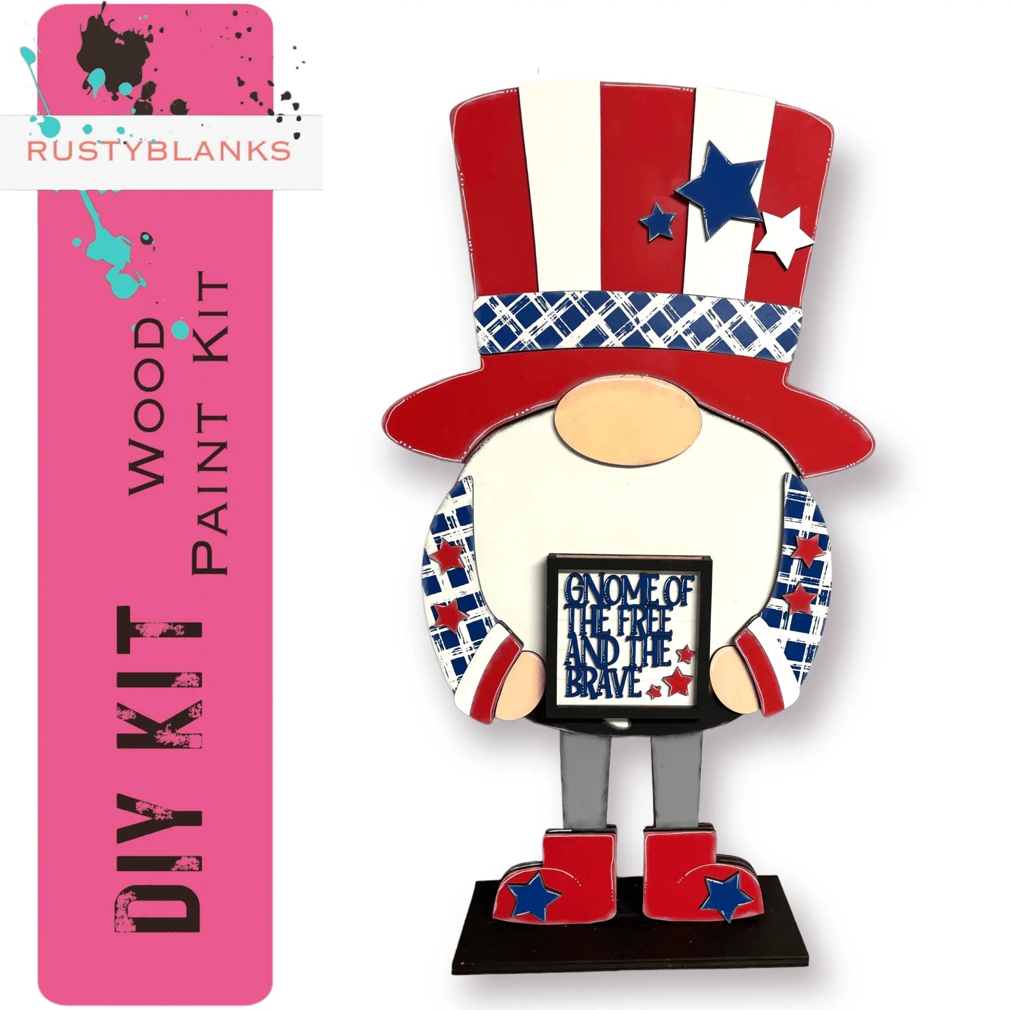 a red, white, and blue statue of a man in a top hat
