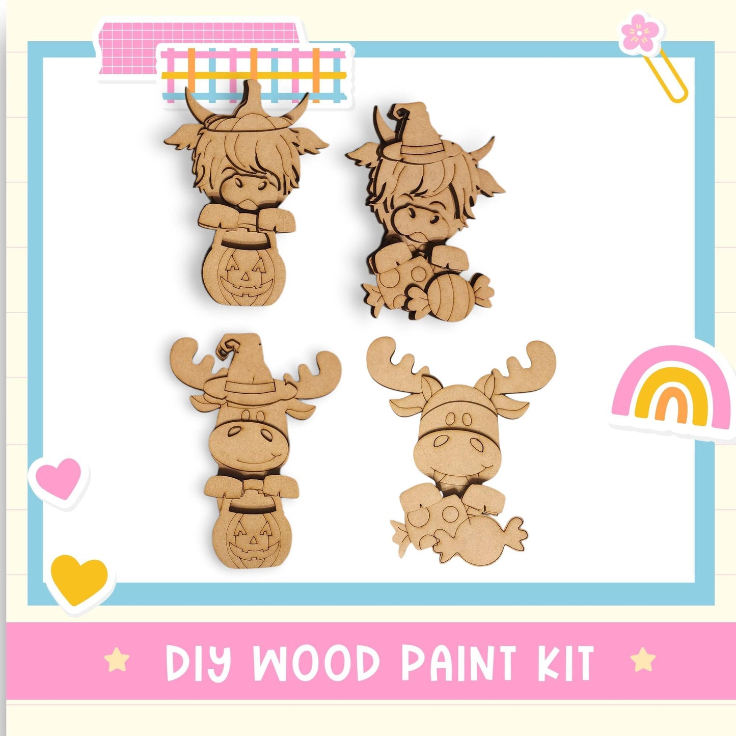 The image is a DIY wood paint kit featuring four wooden animal figurines, including a moose, a cat, a bird, and a dog, along with a Halloween-themed pumpkin.