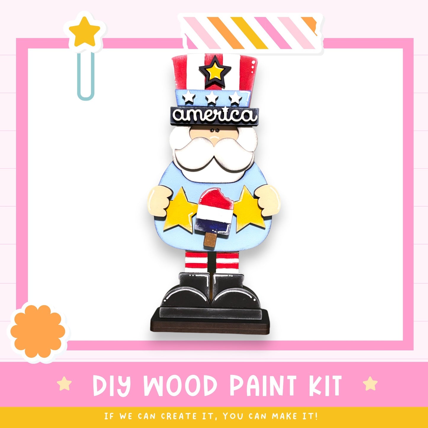 a DIY wood paint kit for creating a wooden figure of a patriotic figure, such as a president or a national holiday symbol. The kit includes a wooden base, a star-shaped headpiece, and a star-shaped star on the figure's chest. The kit is designed to be a fun and creative project for individuals to make their own wooden patriotic figures.