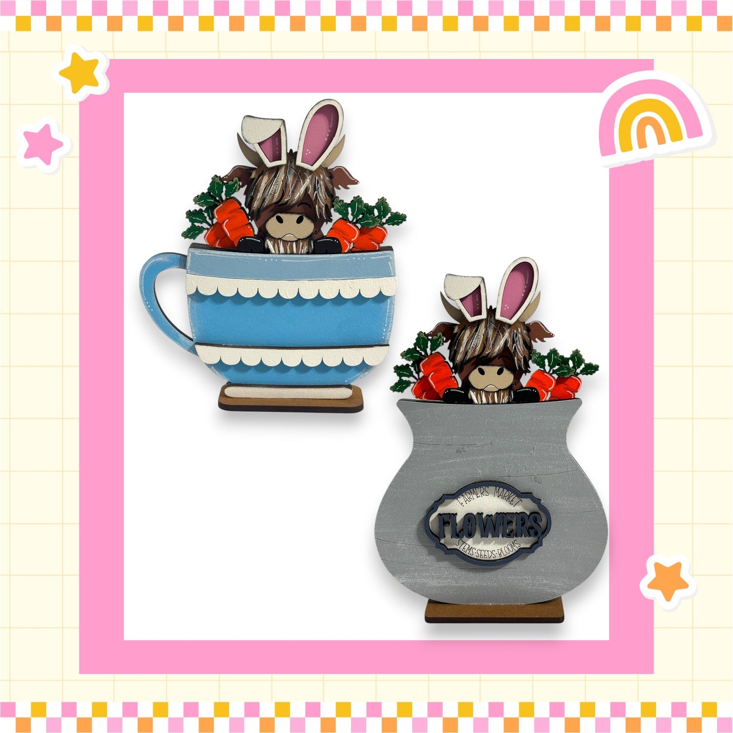 two ceramic vases with whimsical designs, each containing a small rabbit figurine. The vases are decorated with flowers and have a charming, playful appearance.