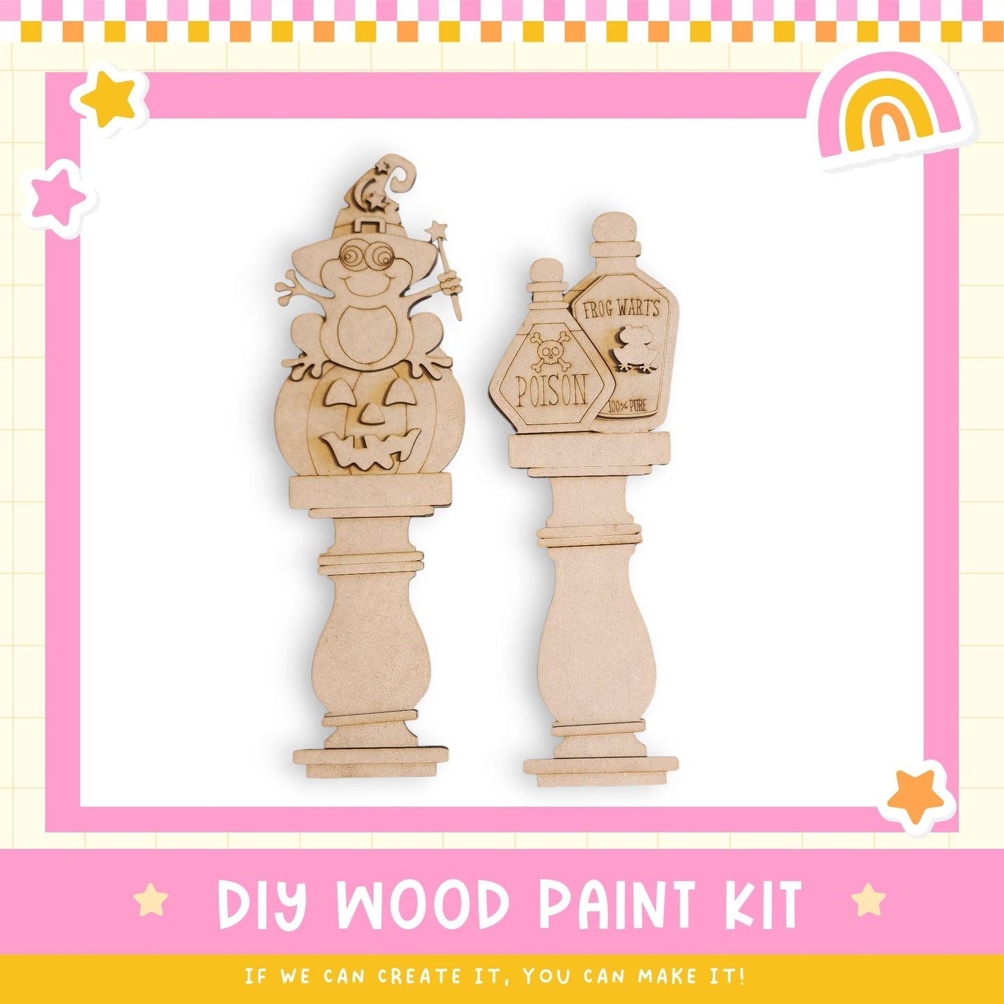 two wooden craft items, including a pumpkin and a bottle, with a DIY wood paint kit and a rainbow-colored border.