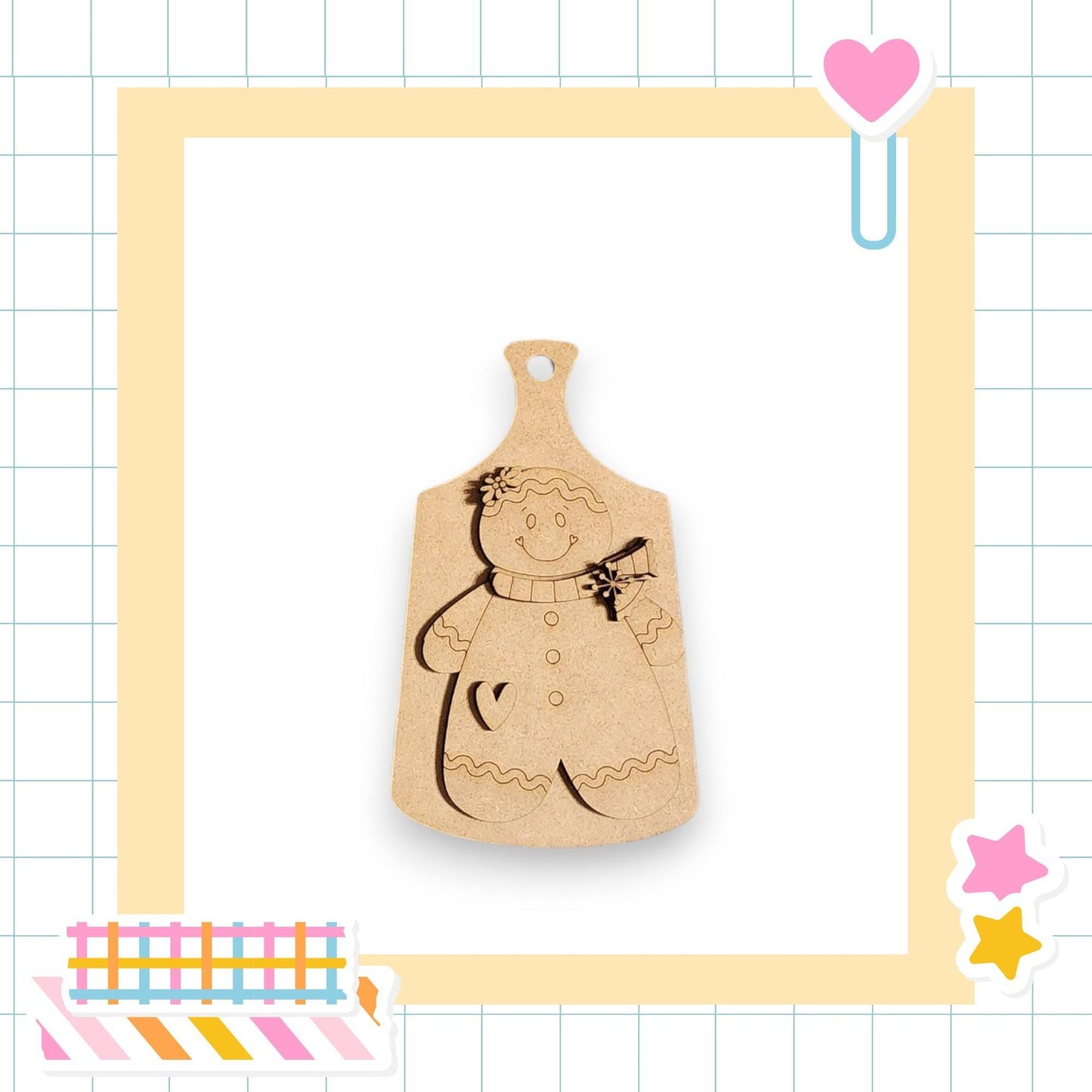 a wooden cookie cutter with a smiling face, set against a yellow and white checkered background.