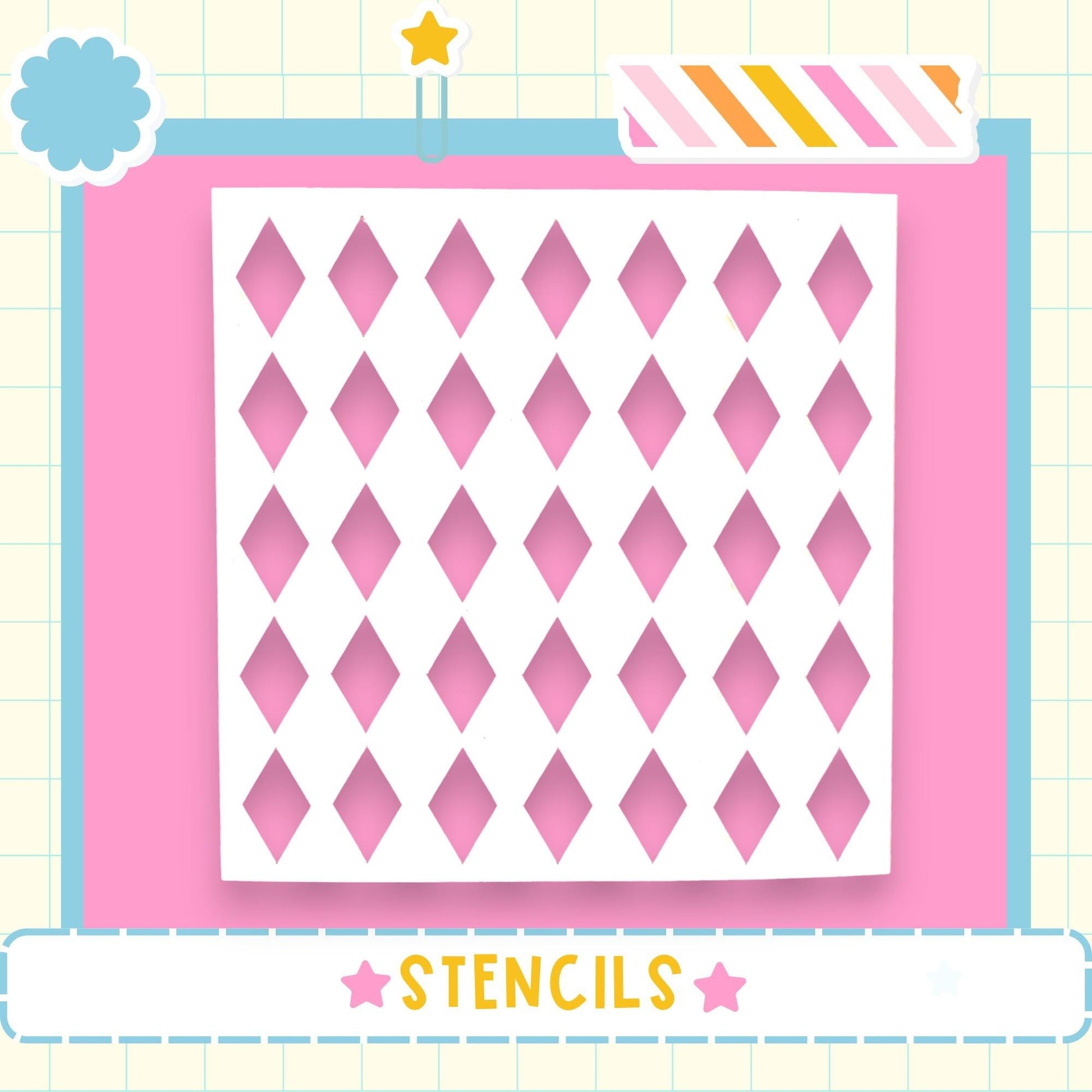 a white stencil with a diamond pattern on a pink background, surrounded by various decorative elements such as a star, a flower, and a striped border.