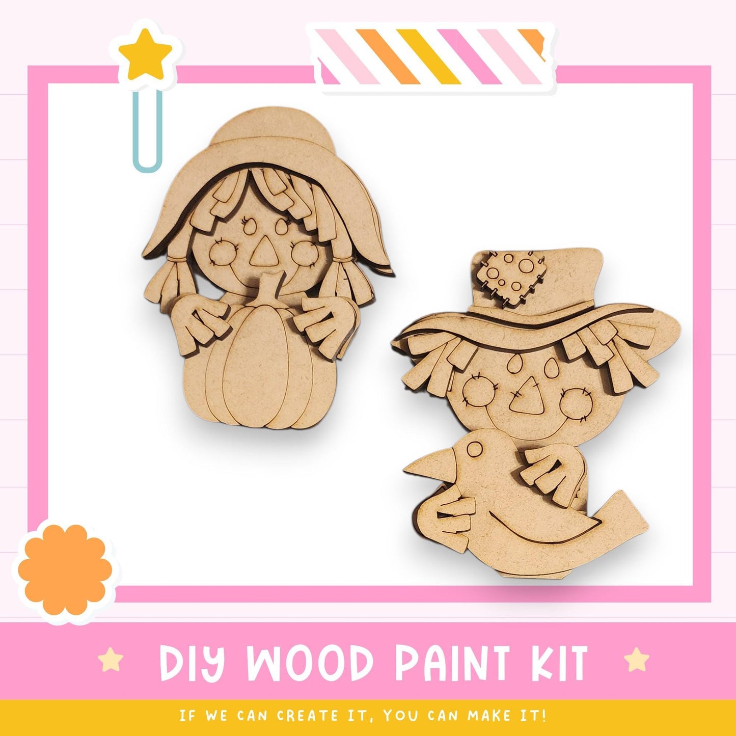 two wooden cutouts of cartoon-like characters, likely representing a DIY wood paint kit. The text below the image encourages creativity and suggests that if the viewer can create the kit, they can make it.