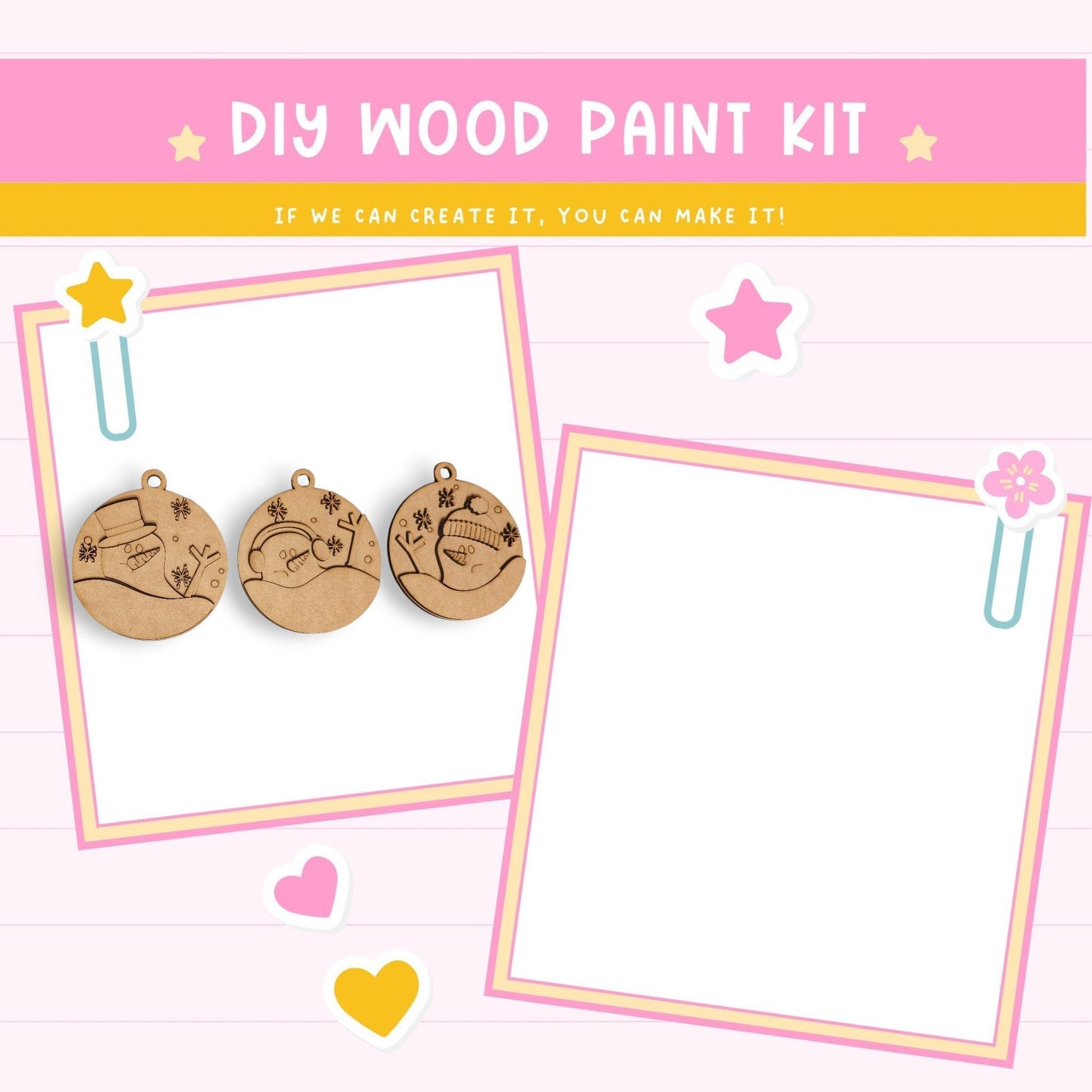 The image is a DIY wood paint kit advertisement, featuring a pink background with a yellow and white striped border. The kit includes wooden ornaments and a blank frame, suggesting it can be used to create personalized decorations. The text "DIY WOOD PAINT KIT" is prominently displayed, along with a motivational message encouraging creativity and the ability to make one's own creations.