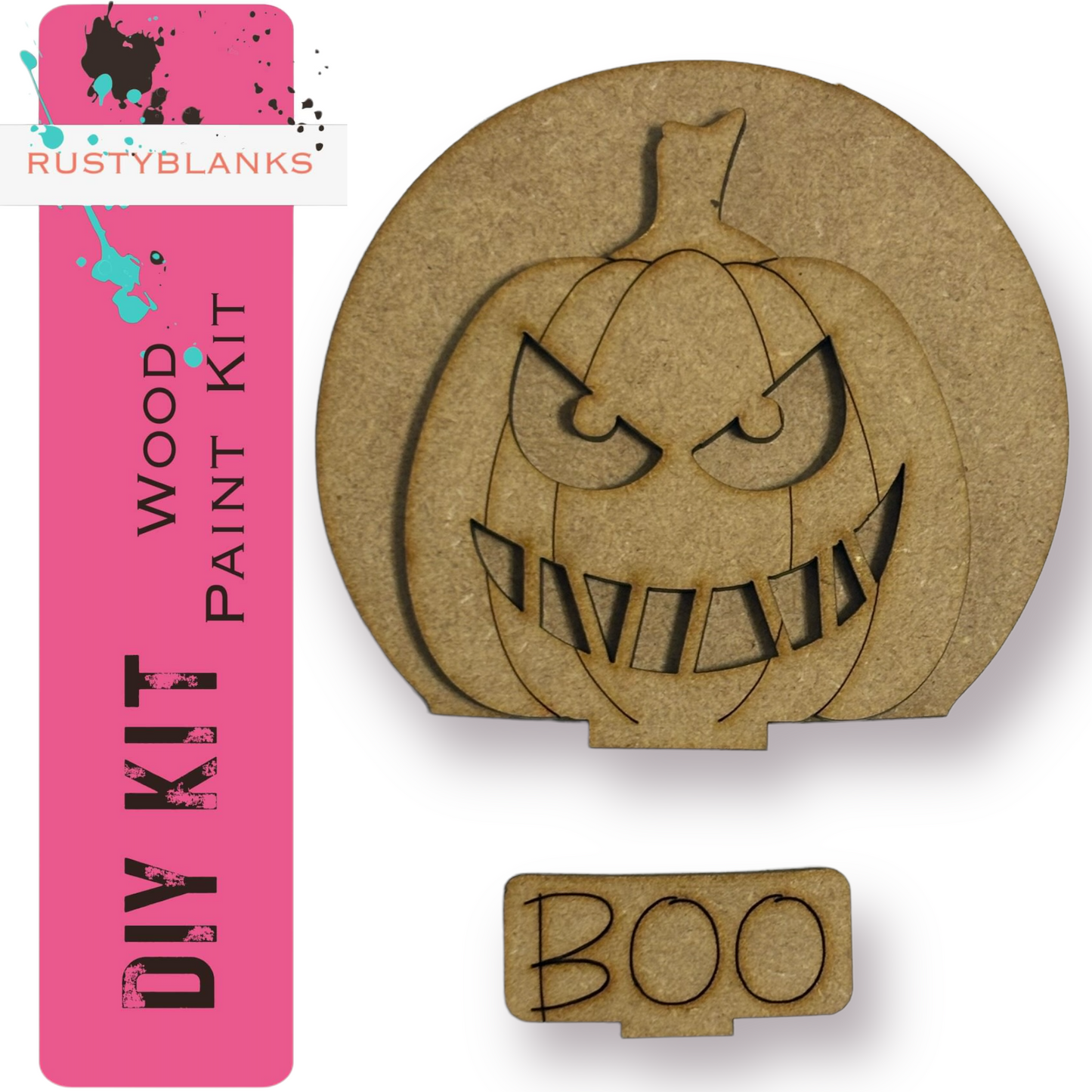 a Halloween-themed DIY paint kit, including a wooden pumpkin cutout and a "DIY KIT" label.