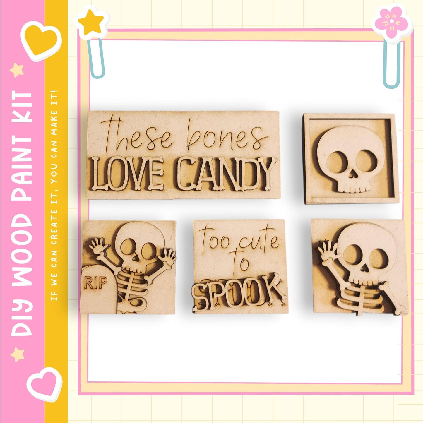 four wooden cutouts of skeletons, each with a different message carved into it. The first cutout says "These bones love candy", the second cutout says "too cute to spoil", the third cutout says "RIP", and the fourth cutout says "spook".