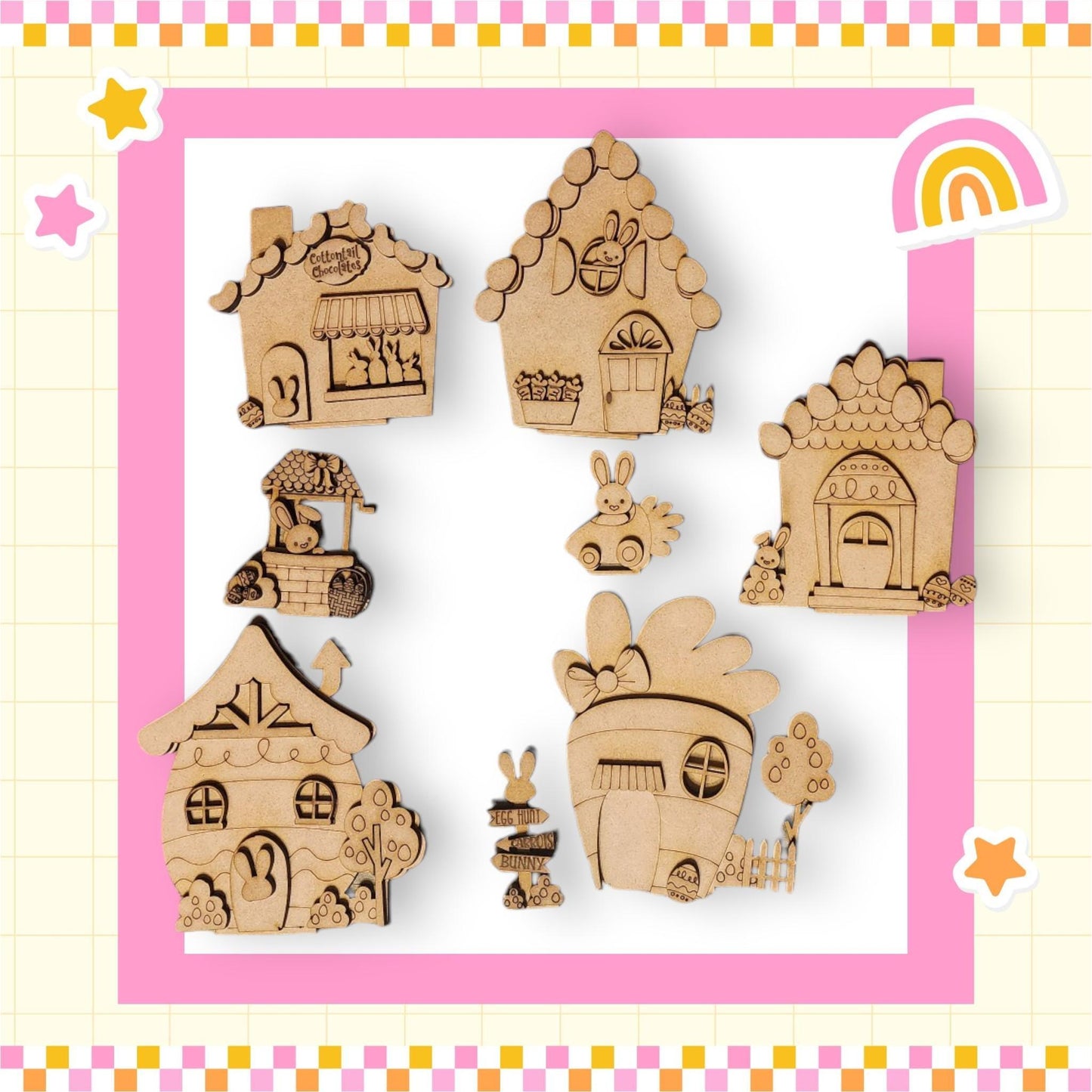a set of wooden cut outs of houses