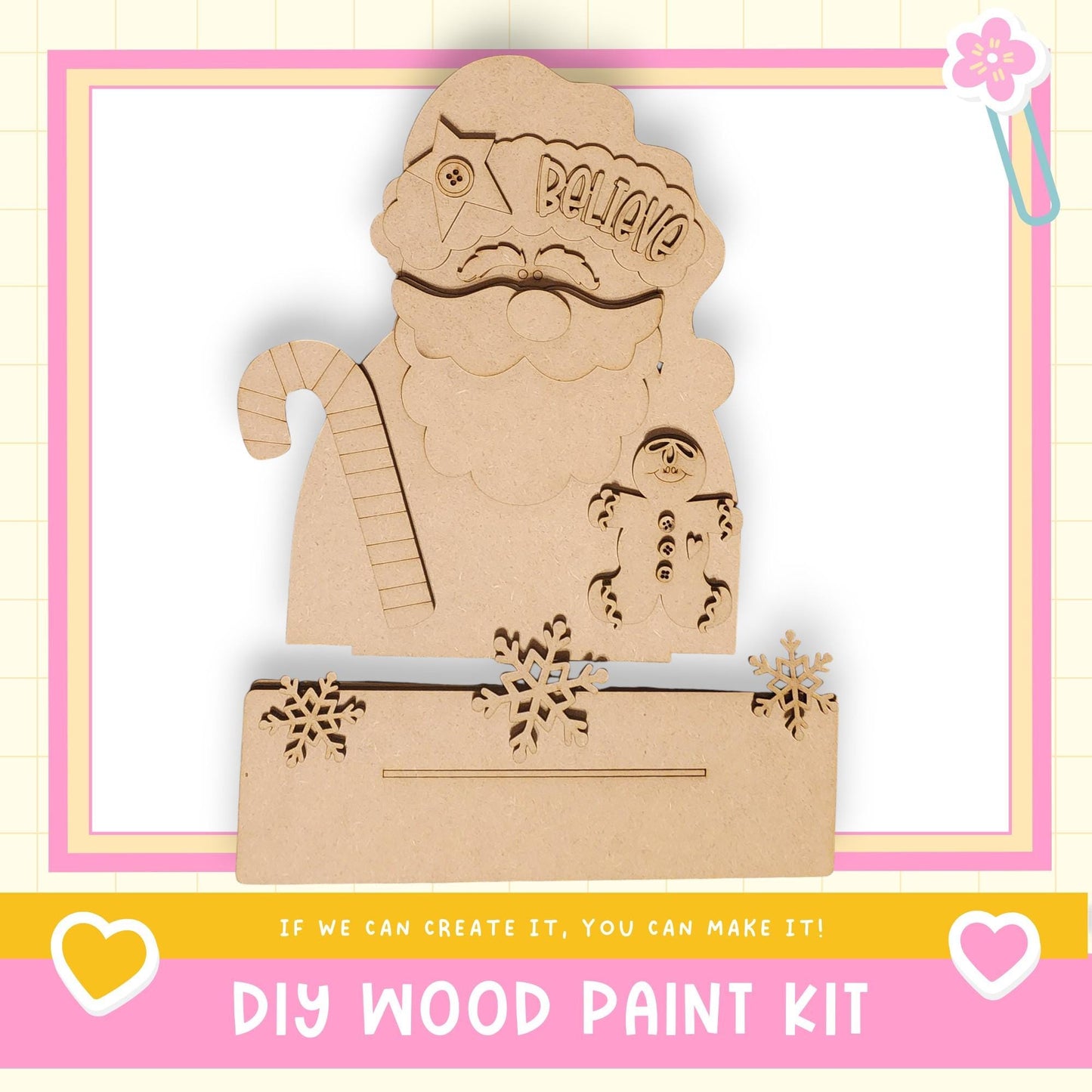 a DIY wood paint kit with a wooden Santa Claus figure and snowman, along with the text "If we can create it, you can make it!"