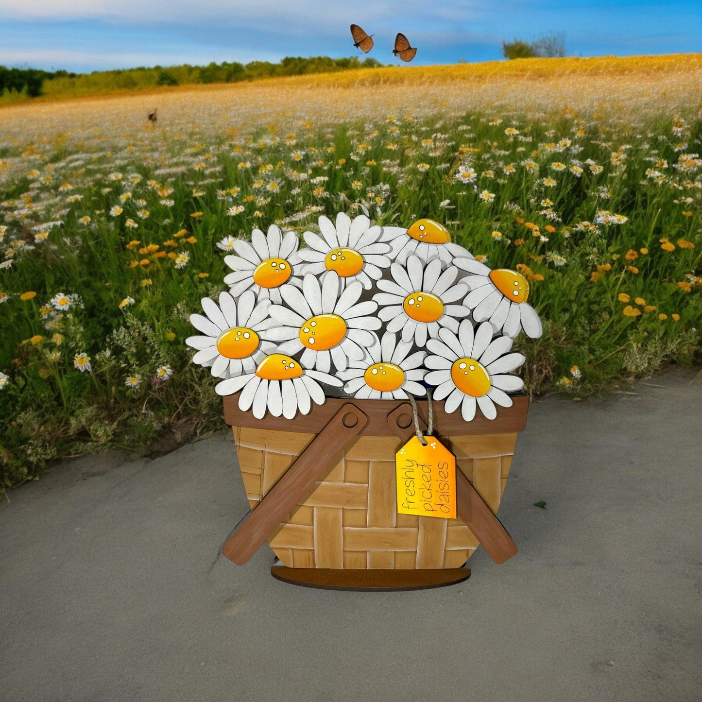 a basket of daisies in a field of flowers