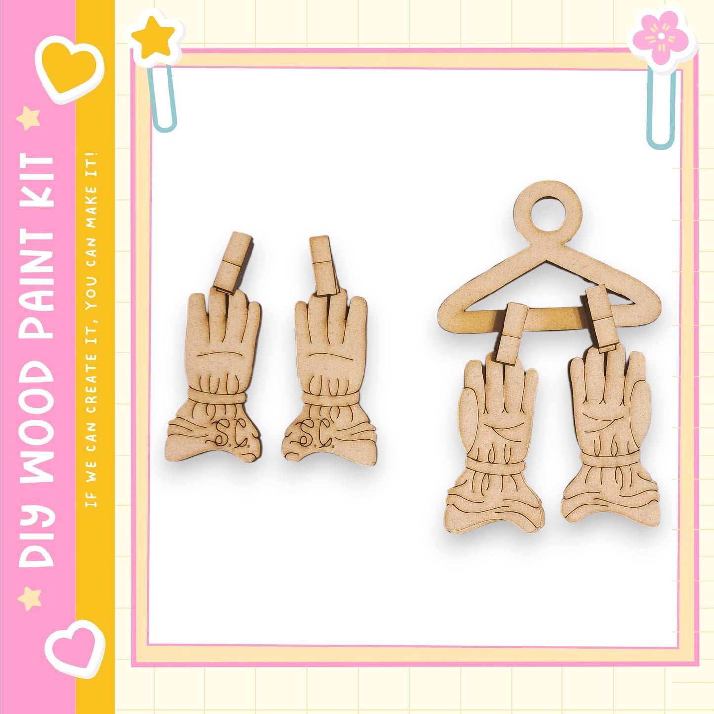 a set of wooden gloves hanging on a clothespin, with a pink and yellow border.