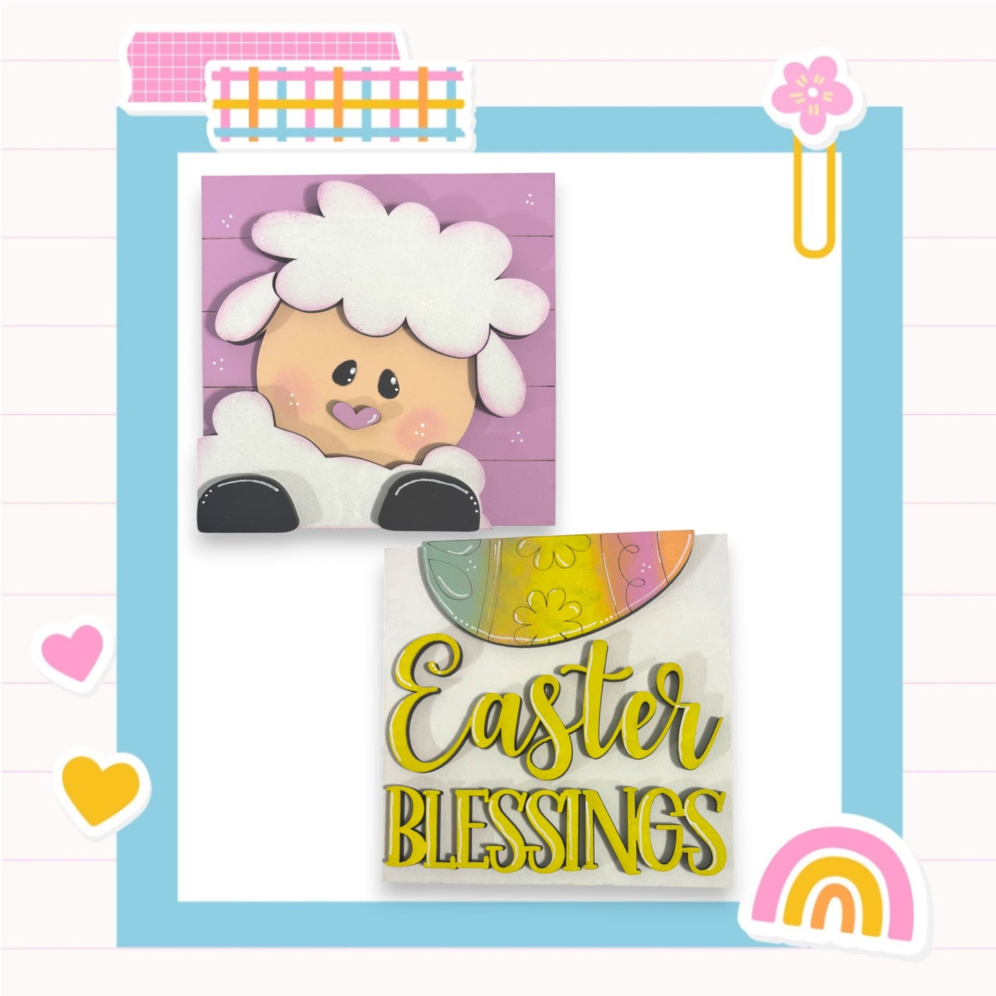 Easter-themed collage with a sheep, a rainbow, and a sign that says "Easter Blessings".