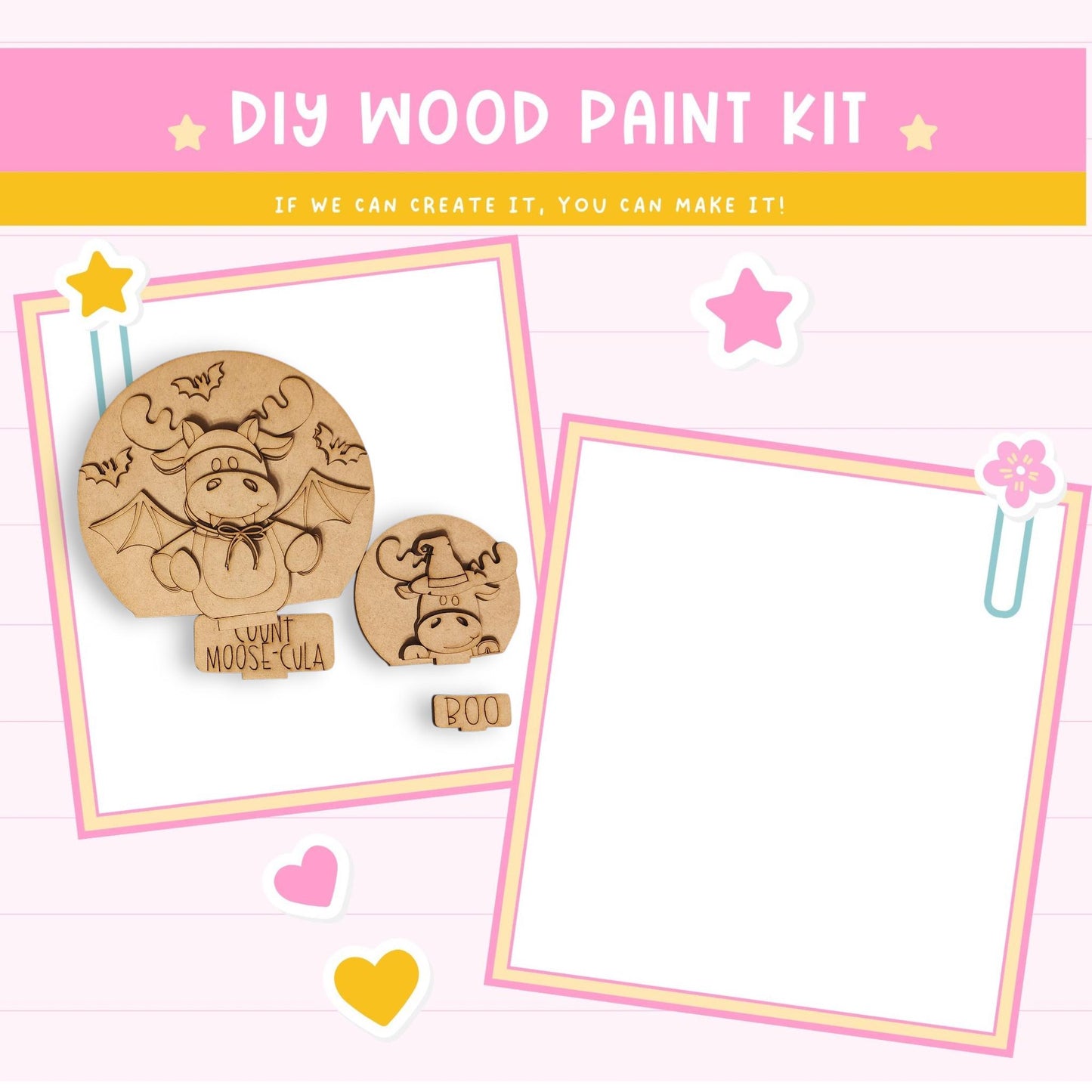 The image is a DIY wood paint kit featuring a wooden moose and a wooden bear. The moose is larger and has a bow on its head, while the bear is smaller and has a bow on its head. The kit includes a wooden frame and a wooden stick, and the kit is presented in a pink and yellow color scheme.