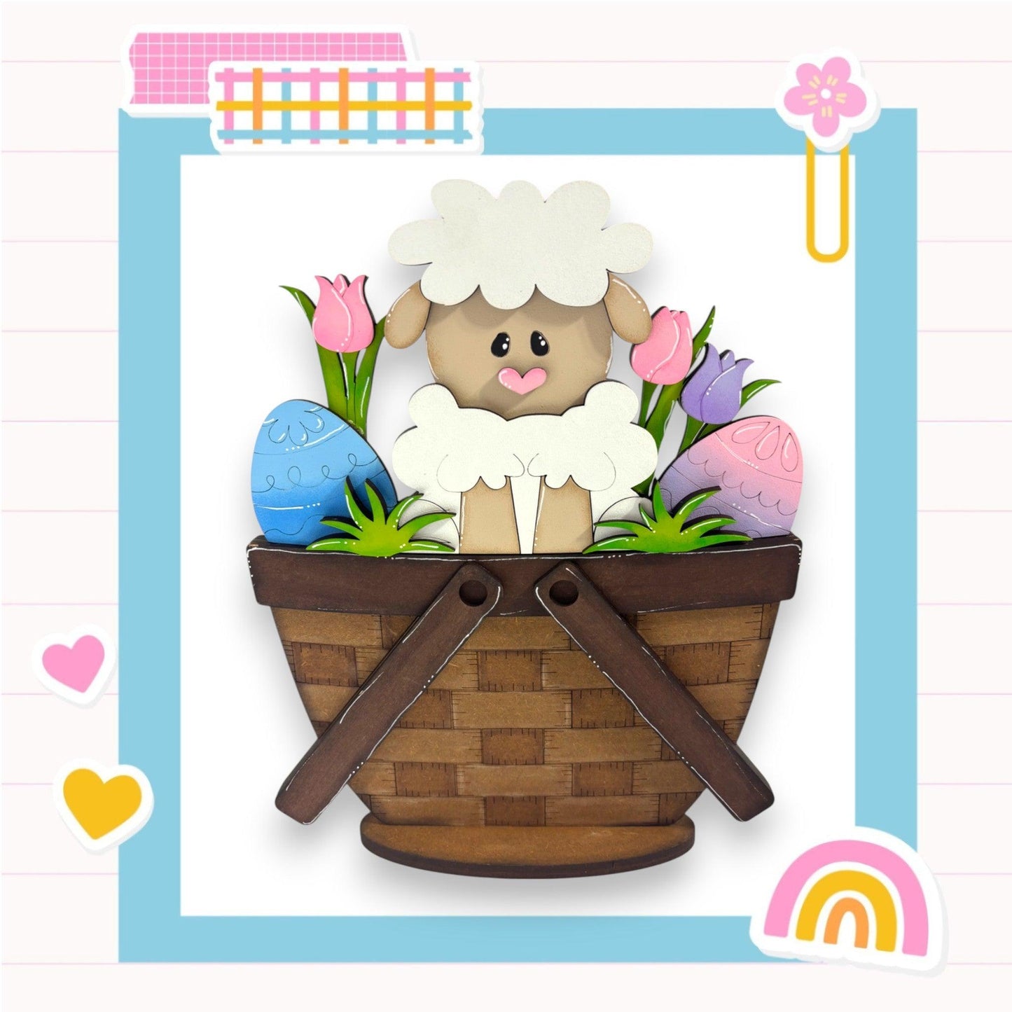 a sheep sitting in a basket with flowers and eggs