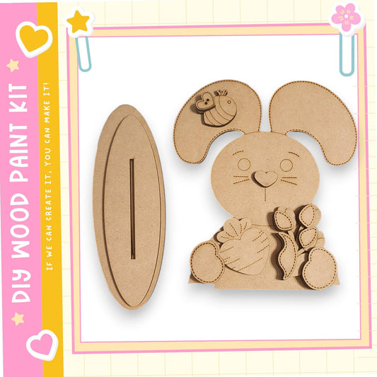 a DIY paint kit for creating a wooden rabbit, with a wooden stick and a wooden rabbit figure.