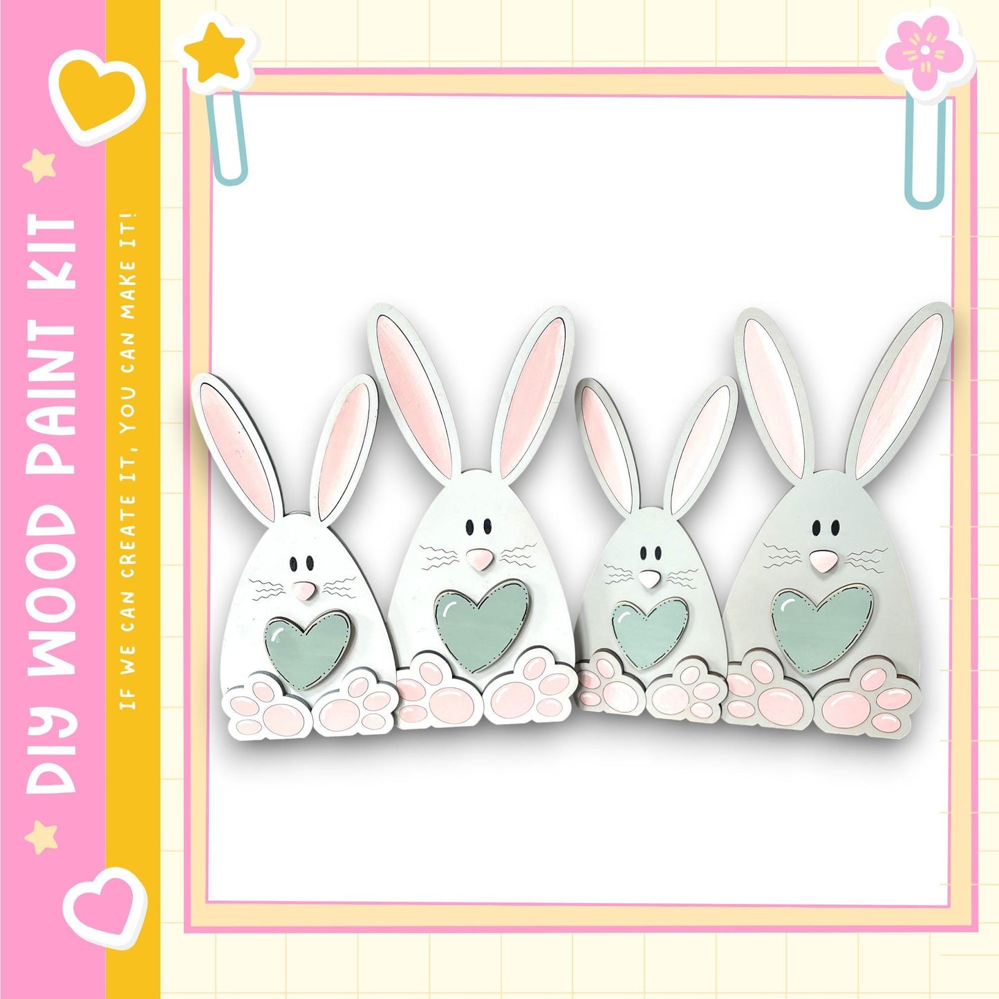 A group of four cute, cartoon-style rabbits with hearts on their paws, arranged in a row against a white background.