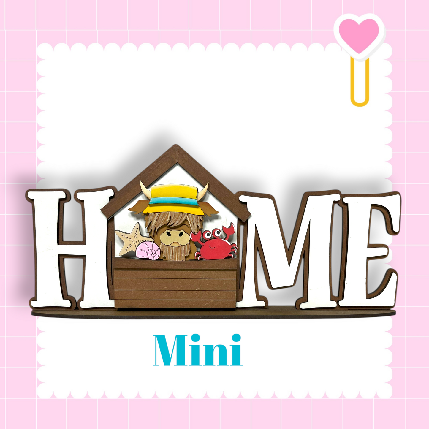 a wooden sign with the word "HOME" in large letters, surrounded by various small illustrations, including a character and a crab.