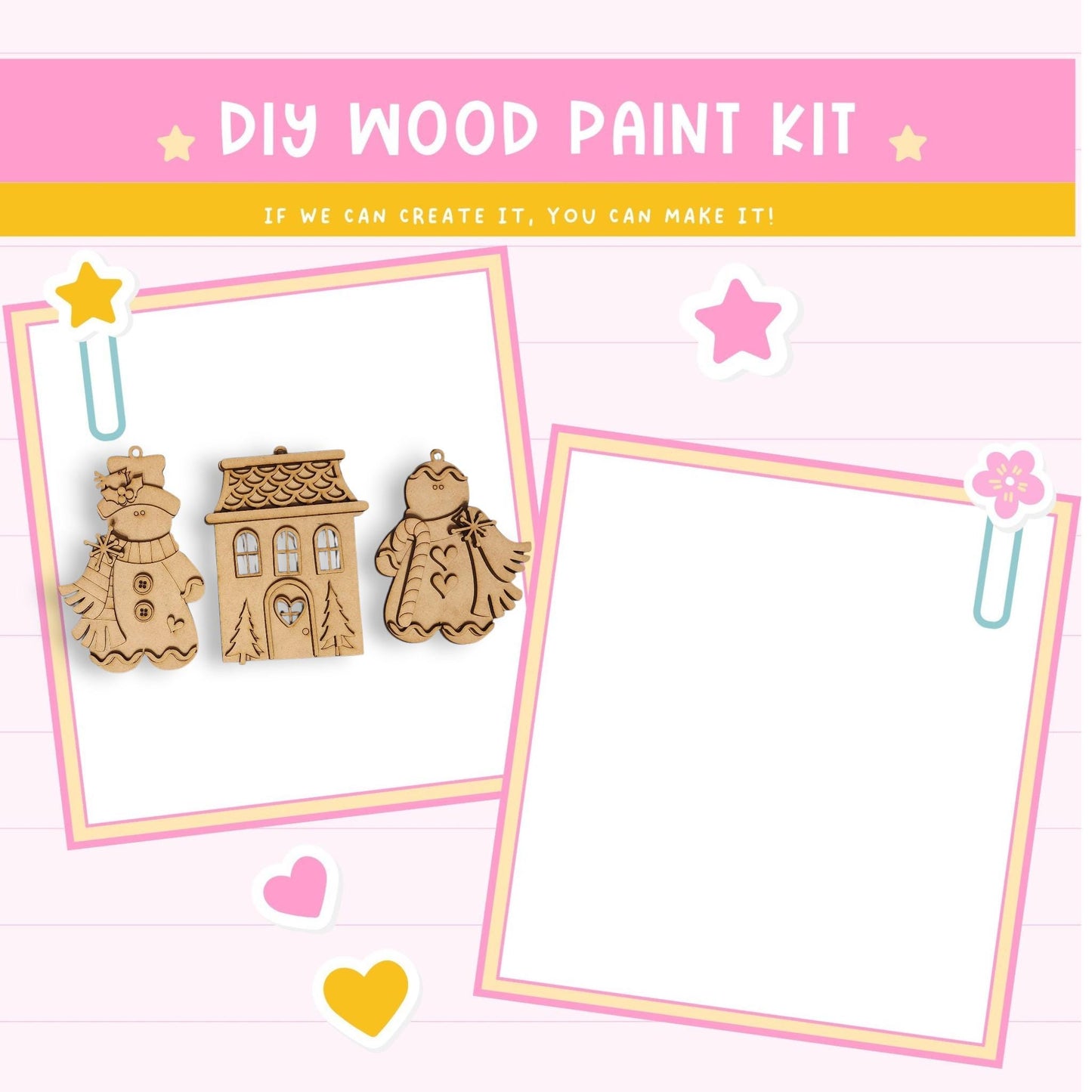 The image is a DIY wood paint kit advertisement featuring a snowman, a house, and a star, along with a pink background and decorative elements.