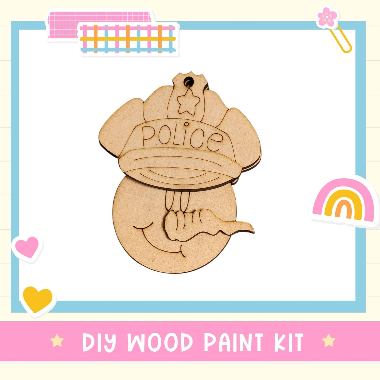 a DIY wood paint kit, including a wooden police hat and a wooden smiley face.