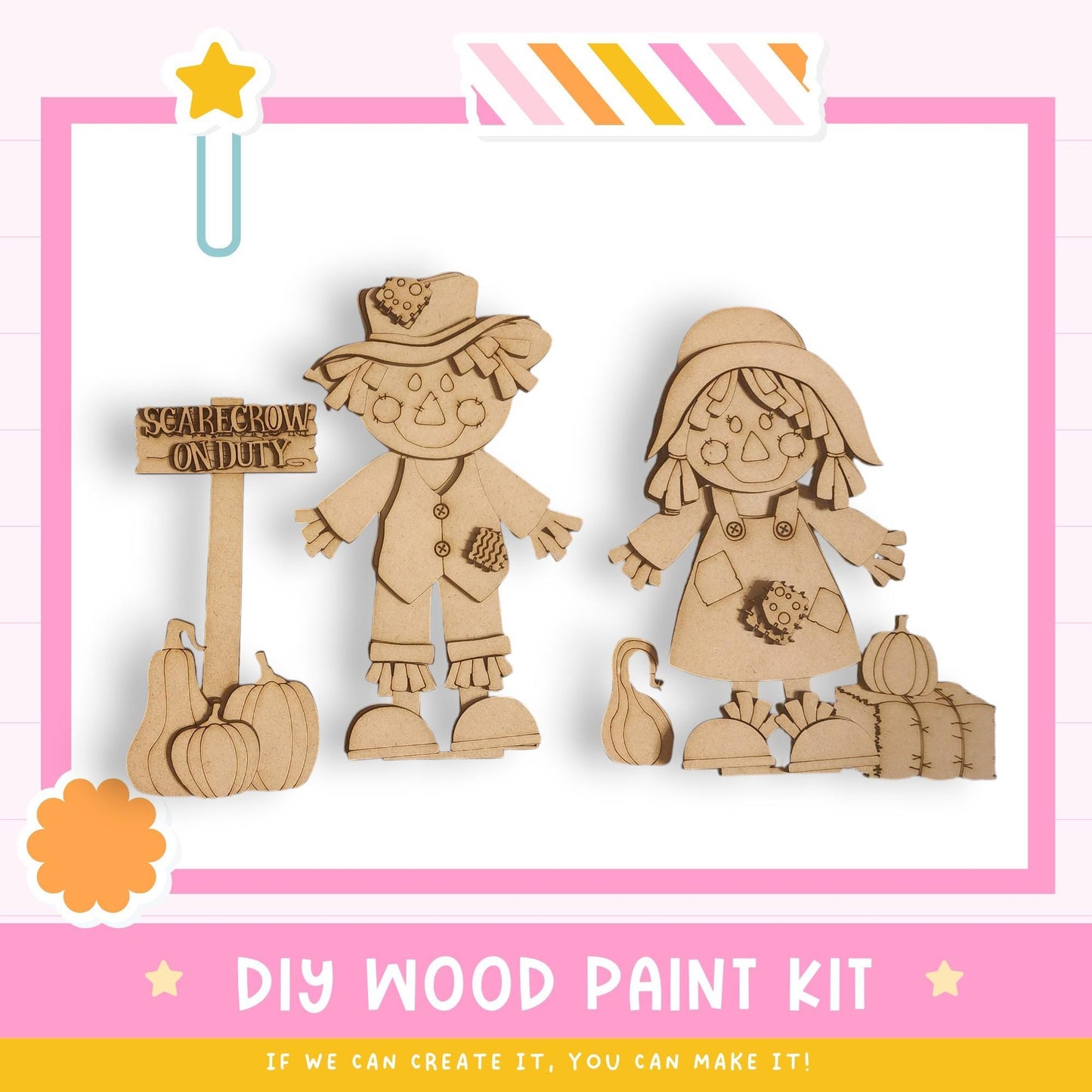 a DIY wood paint kit for creating scarecrows, with two wooden scarecrow figures standing next to a sign that says " Scarecrow on duty".