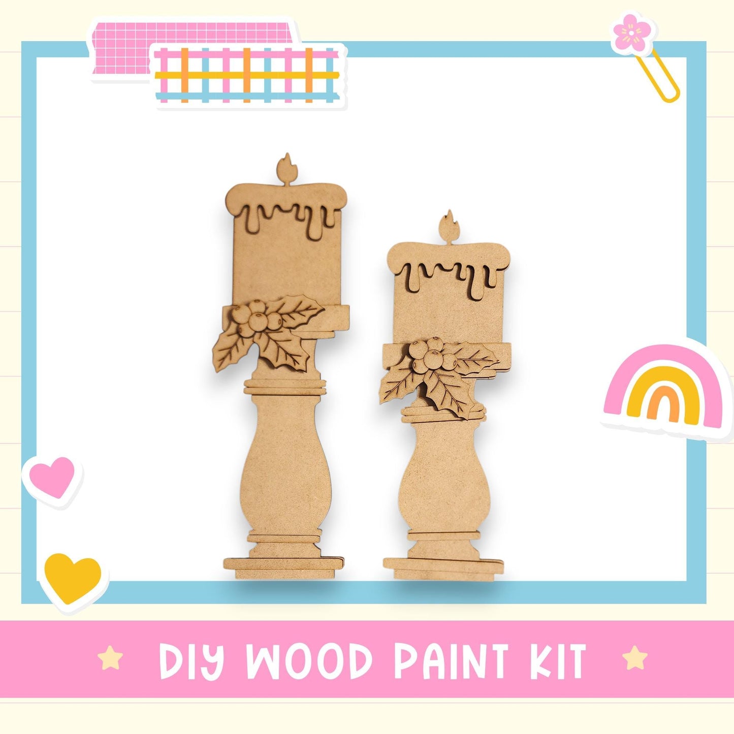 two wooden candle holders, each with a candle and decorative leaves, as part of a DIY wood paint kit.