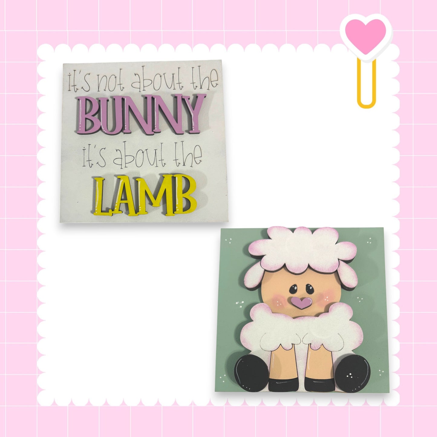 two separate elements: a text box with the phrase "It's not about the BUNNY, it's about the LAMB" in pink and yellow, and a cutout of a sheep with a pink heart on its head.