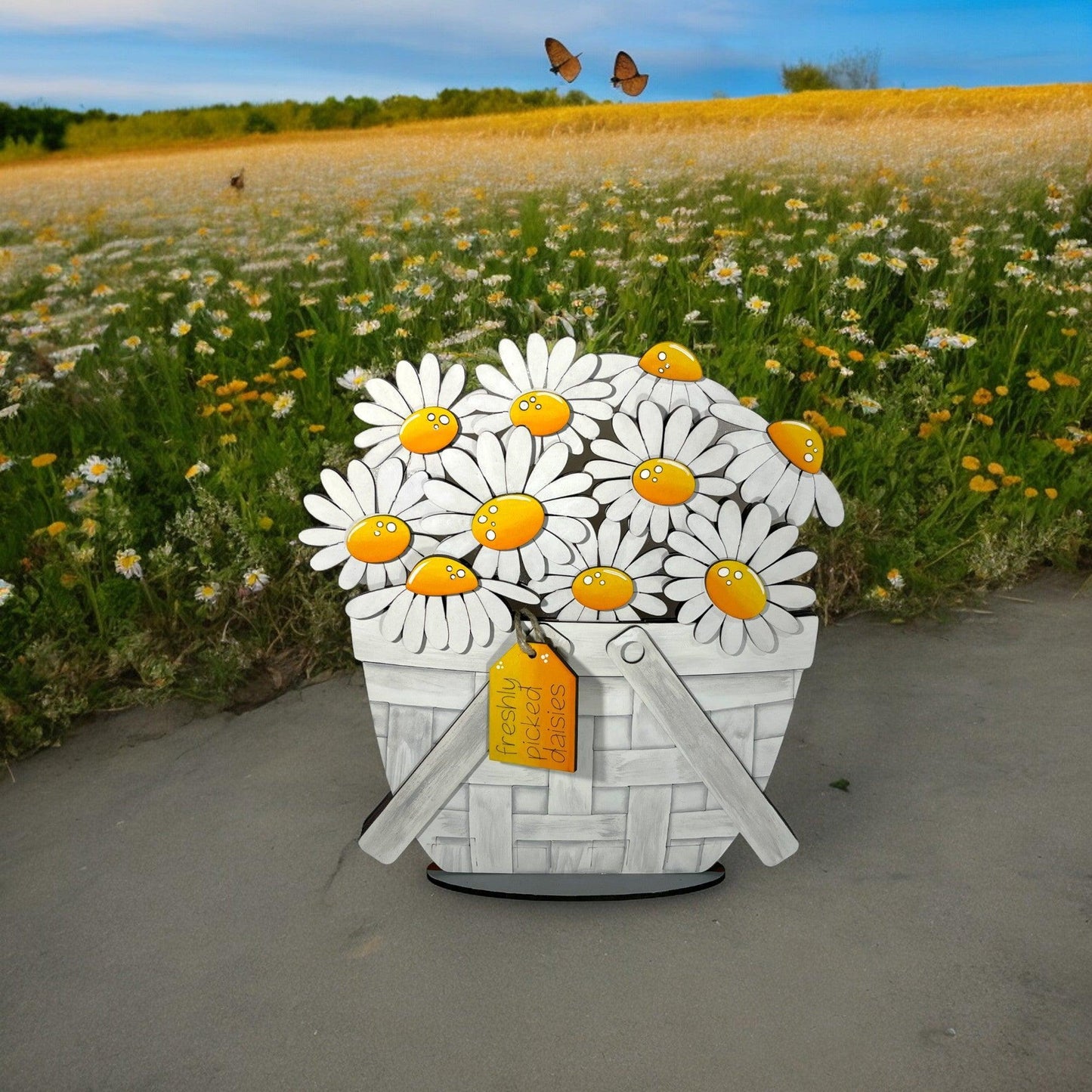 a basket with a bunch of daisies in it