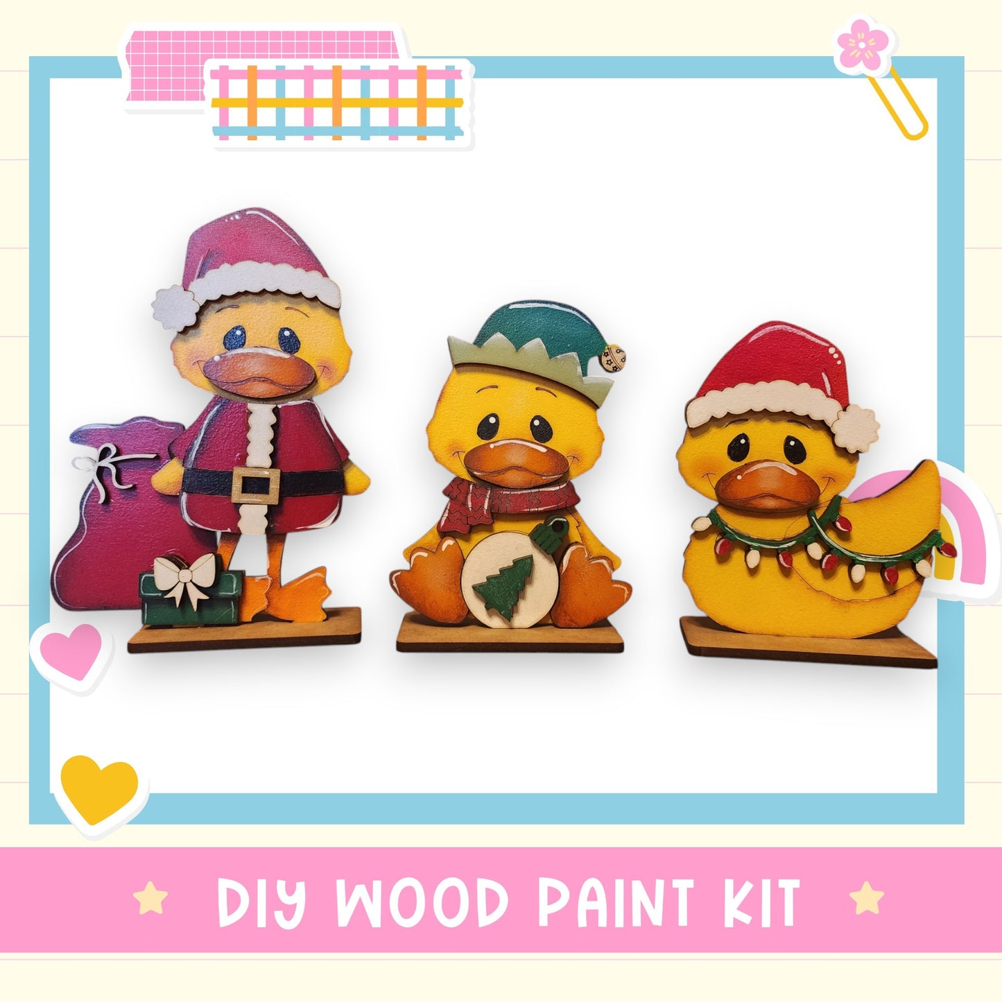 a group of wooden ducks with hats and scarves