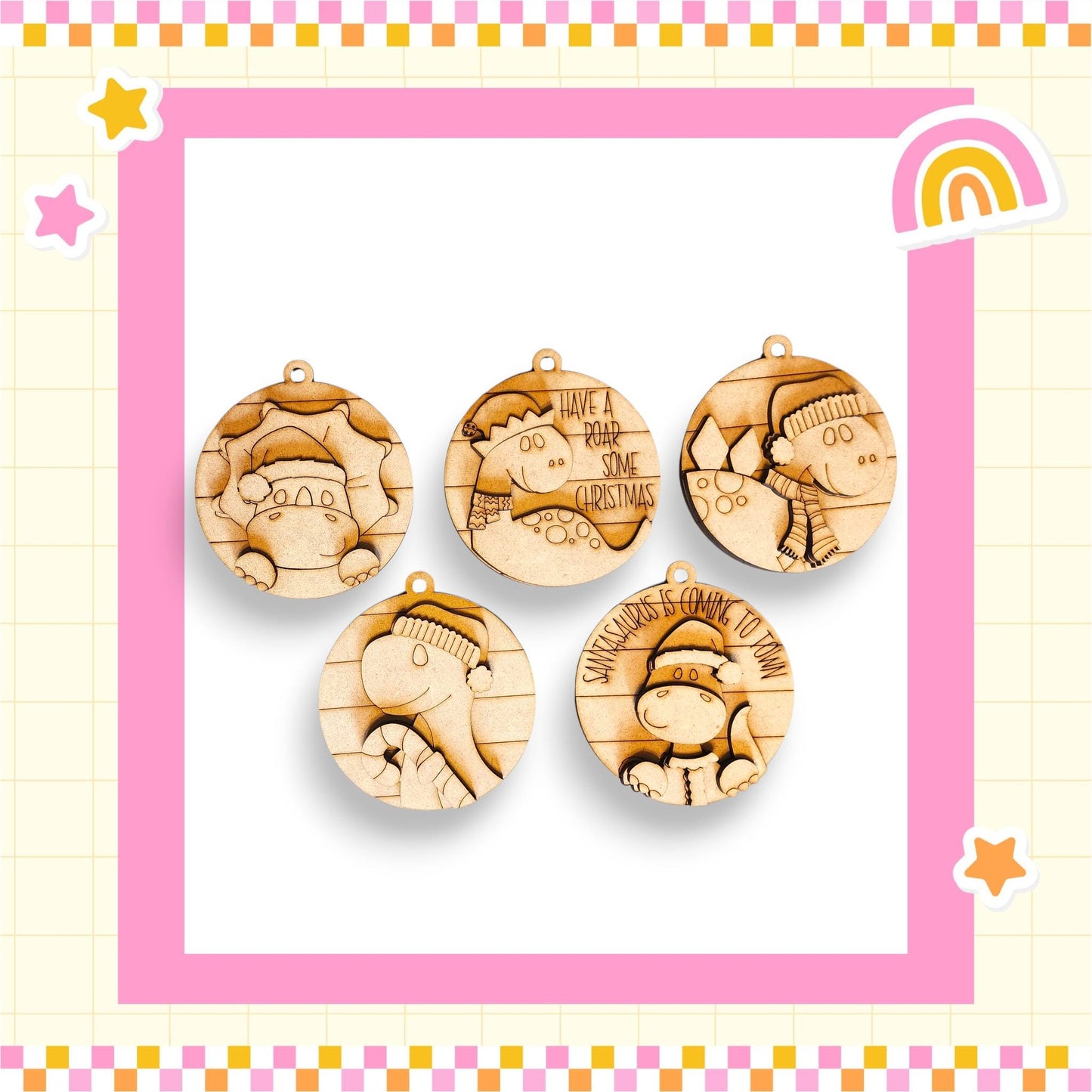 five wooden ornaments with various designs, including a cat, a dog, and a bird, all set against a pink and yellow checkered background.