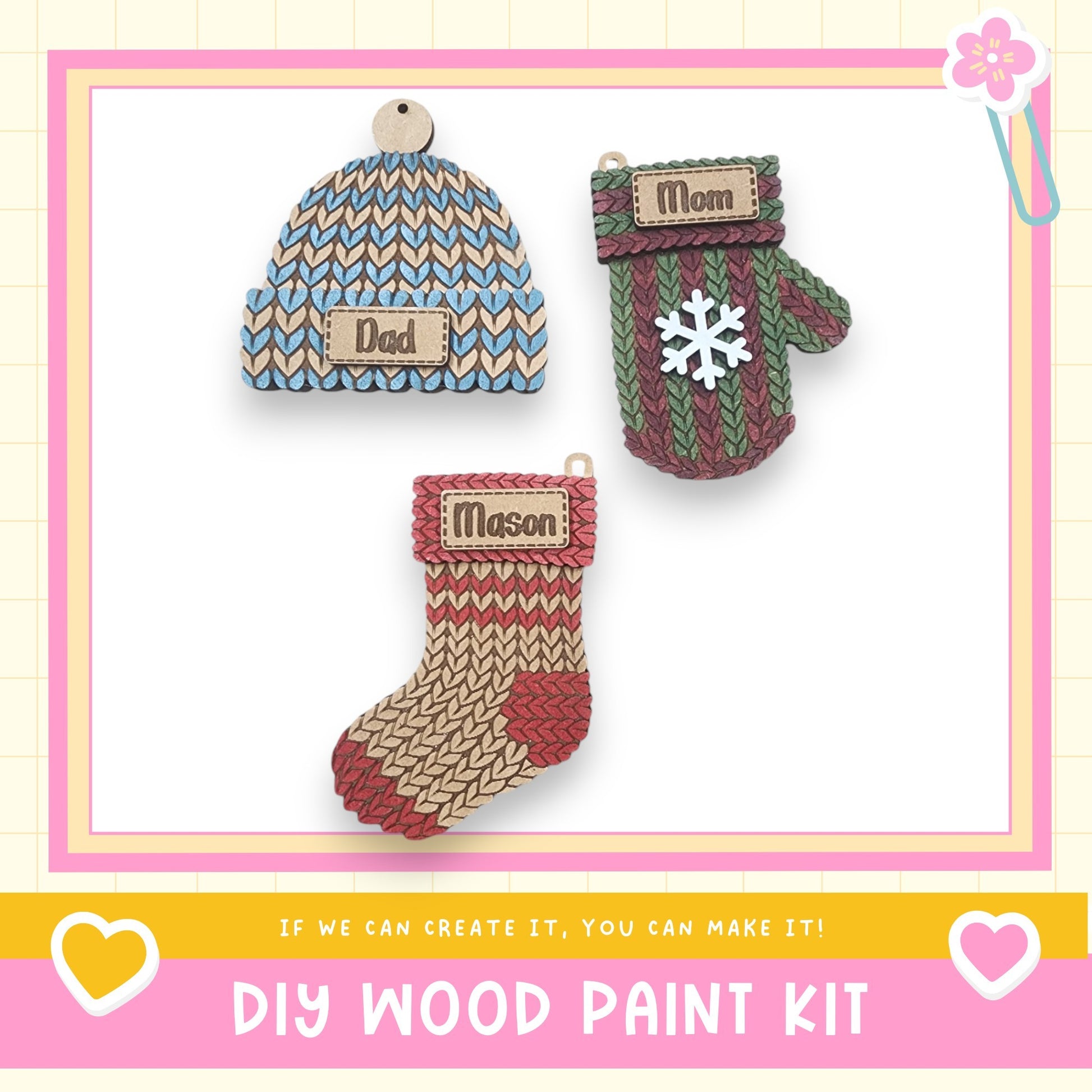 a picture of three knitted mittens and a snowflake