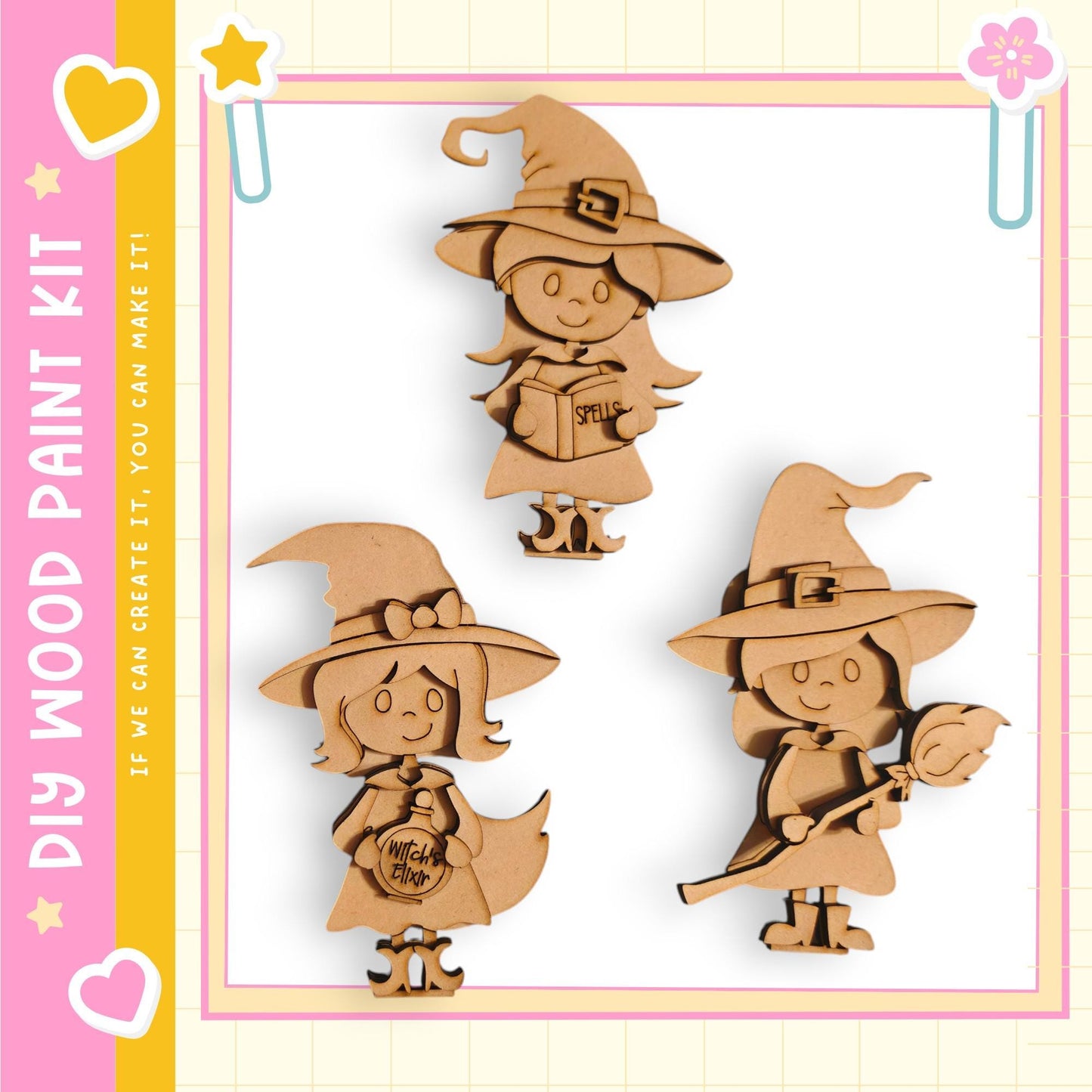 three wooden cutouts of girls wearing witch hats, each holding a different object, such as a book and a wand.