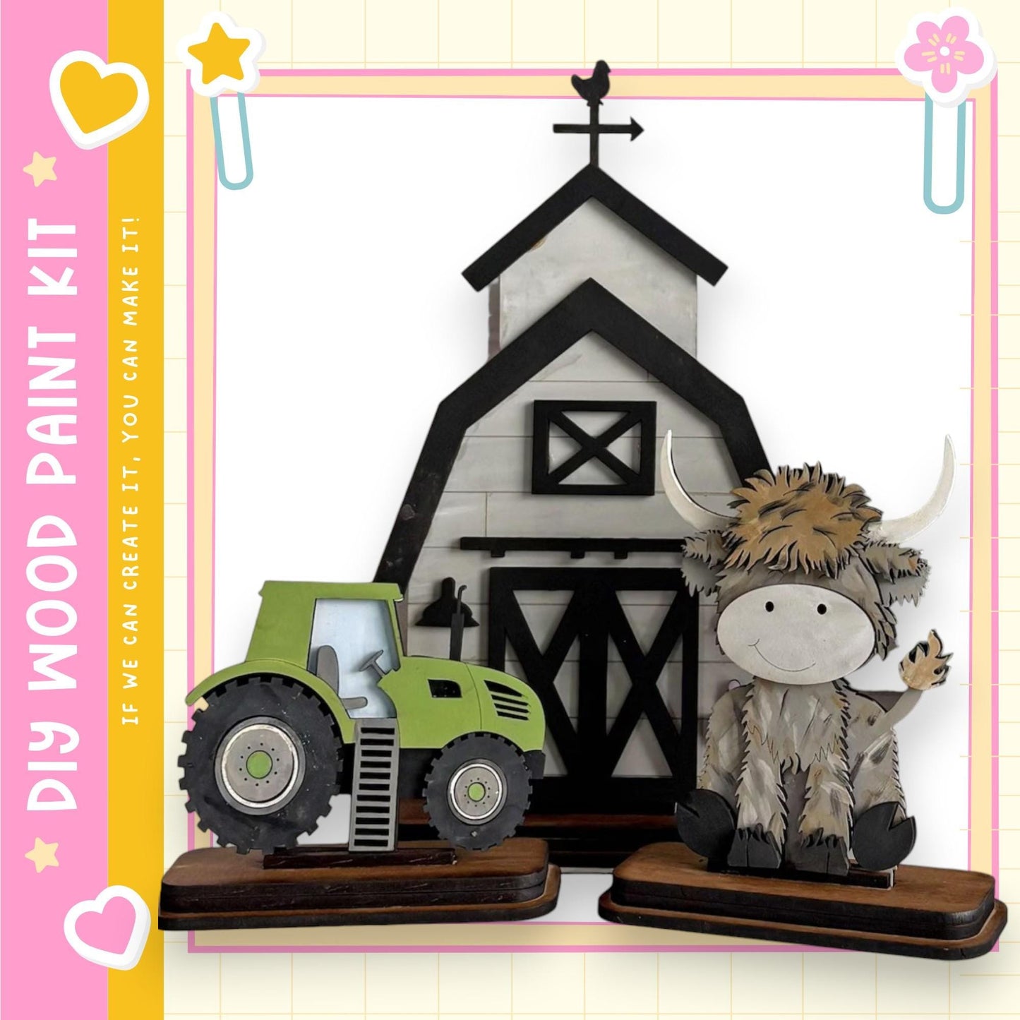 a wooden barn and a green tractor, with a cow figurine sitting next to the tractor.