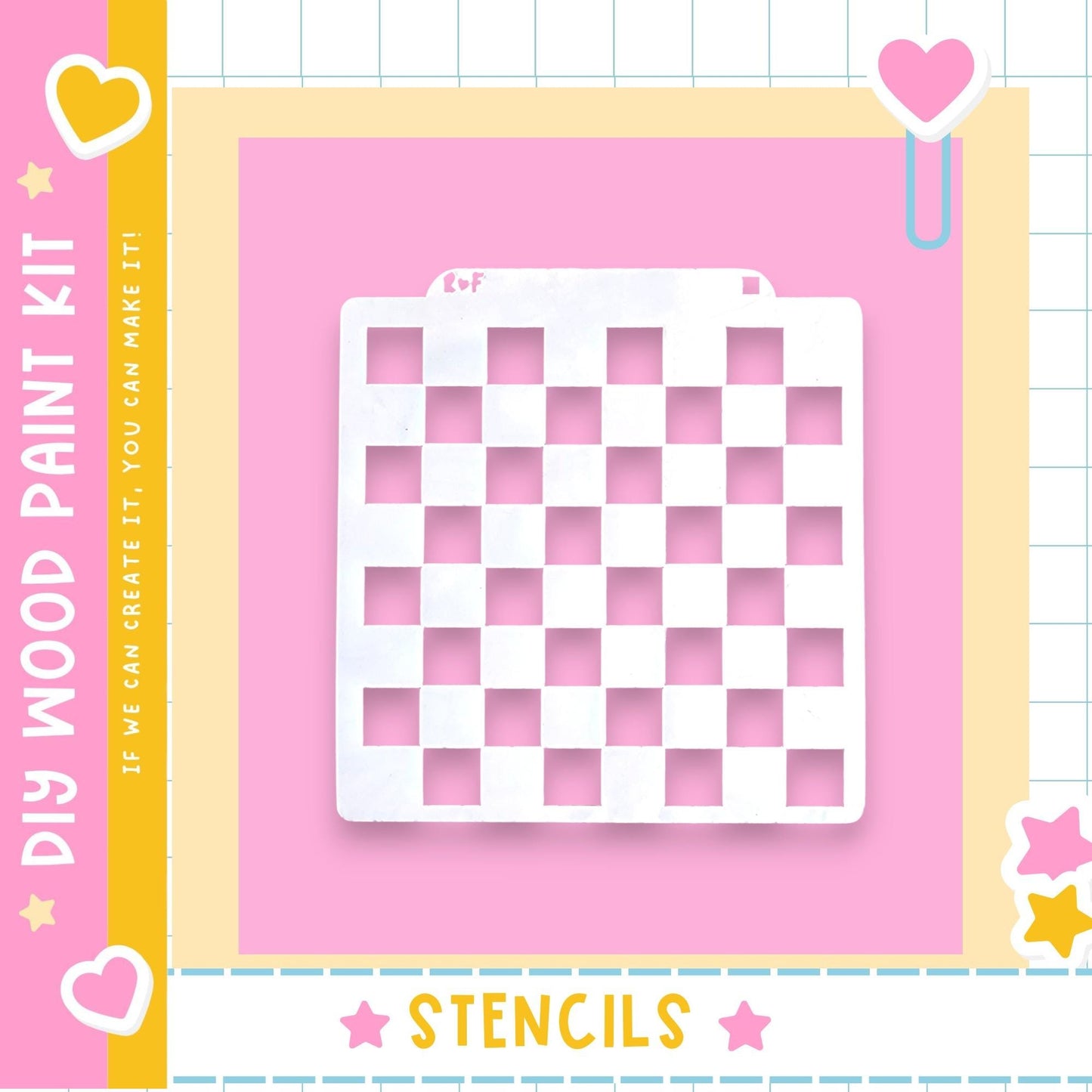 a DIY wood paint kit with a pink background and a white stencil in the center.