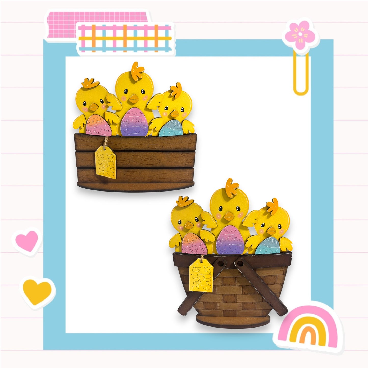 two baskets filled with yellow chicks, each containing a few chicks. The baskets are made of wood and are placed against a blue background. The image also includes various decorative elements such as hearts, a flower, and a rainbow.