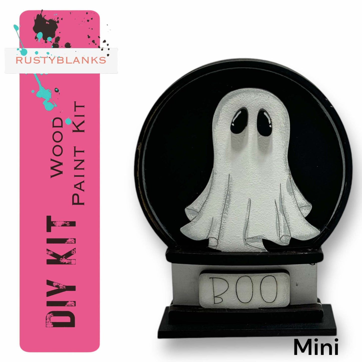 a DIY kit for a wood paint kit, which includes a mini ghost decoration. The kit is designed to create a spooky ghost decoration, and it is available in a mini size.