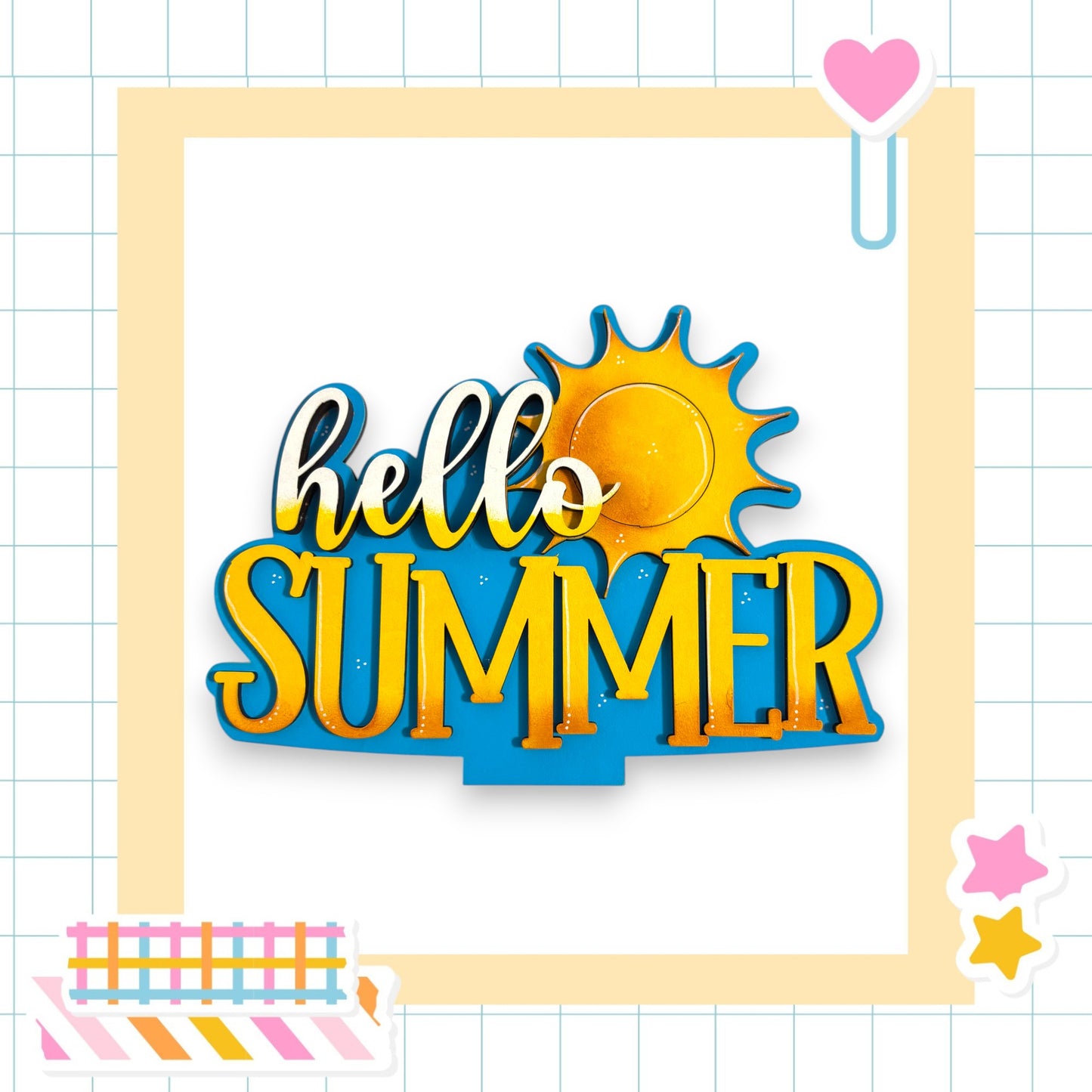 a vibrant and cheerful "Hello Summer" sign, surrounded by various summer-themed elements such as a sun, a heart, and a star.