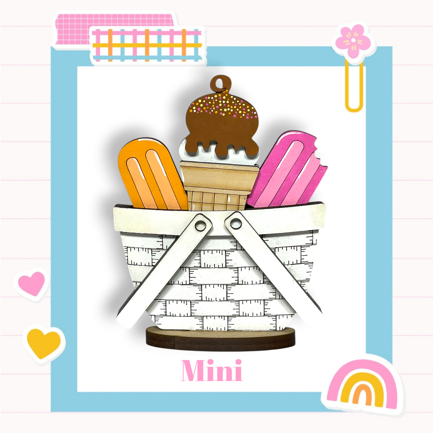 The image is a collage of various colorful and playful elements, including a basket filled with ice cream and popsicles, a heart, a rainbow, and a flower. The word "Mini" is also visible in the image.
