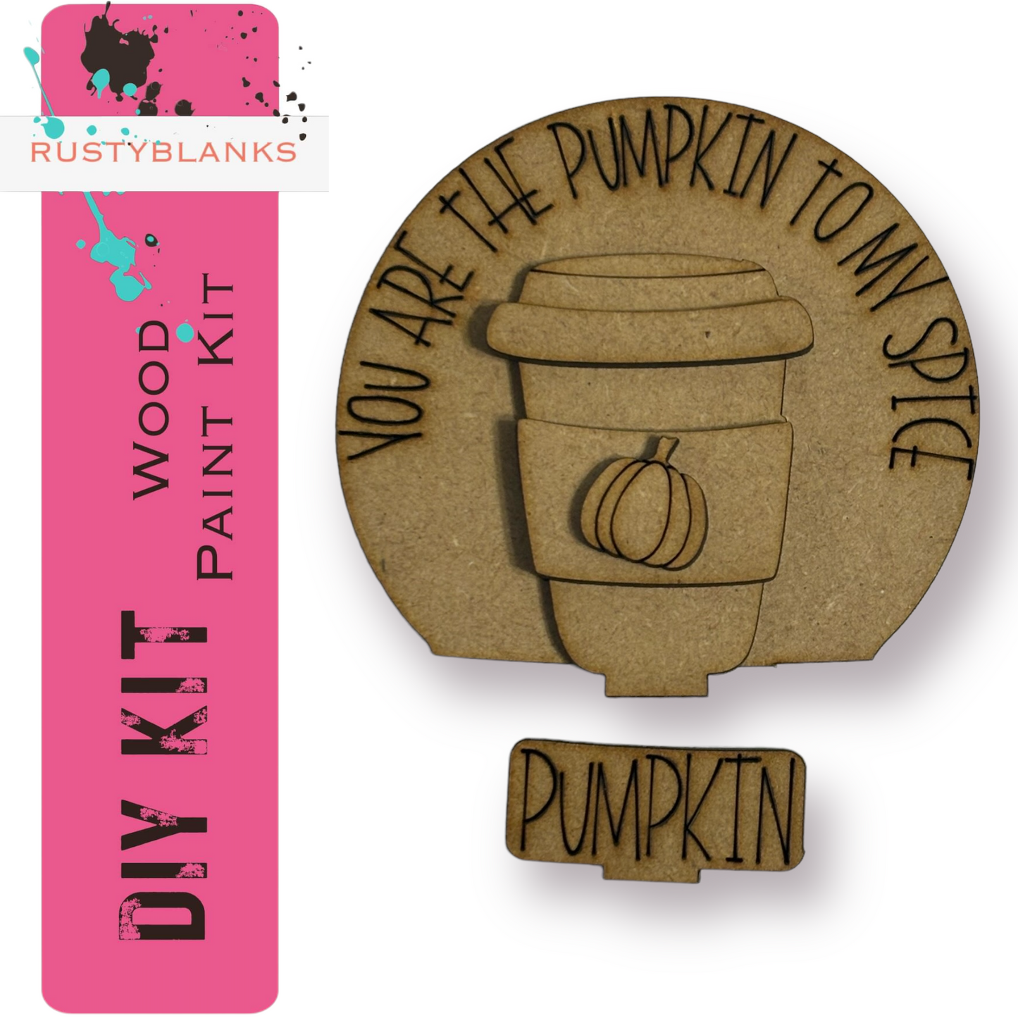 The image is a DIY kit for a pumpkin-themed project, including a wooden paint kit and a pumpkin-shaped cutout.
