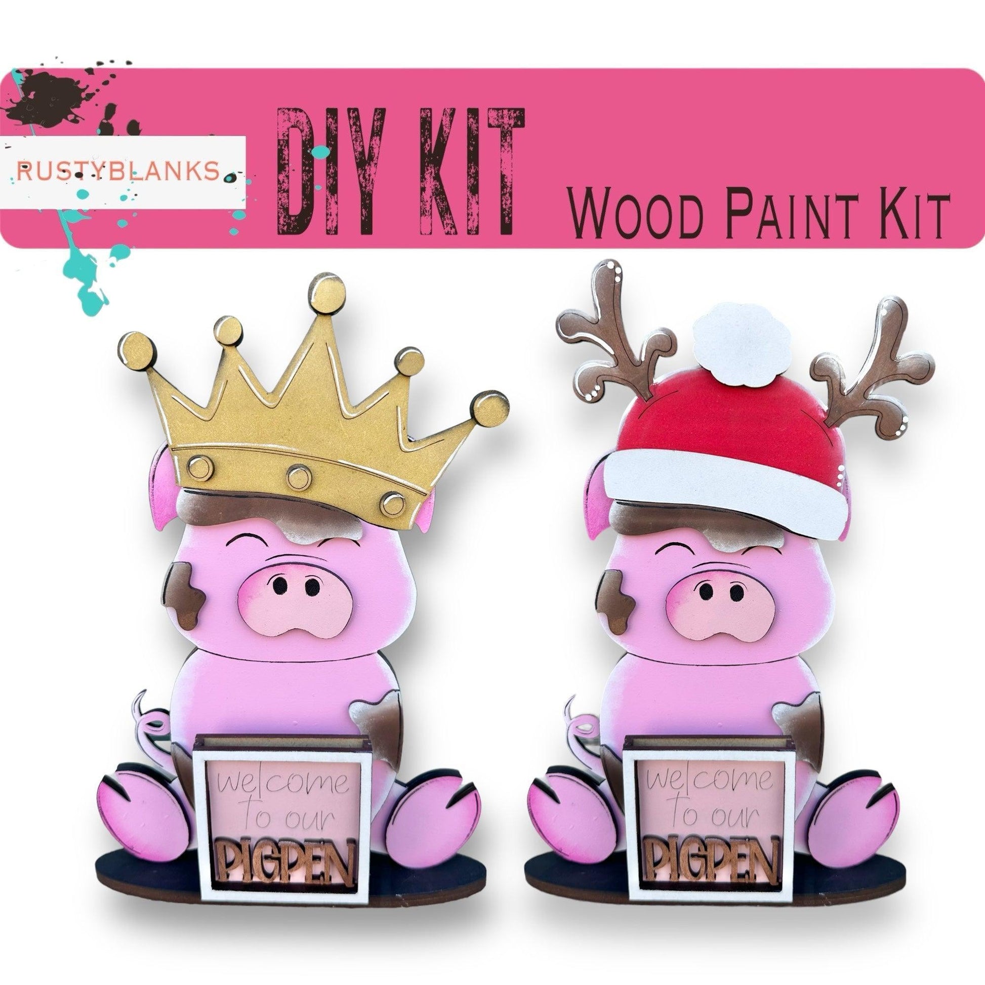 a couple of pink pigs with a crown on their head