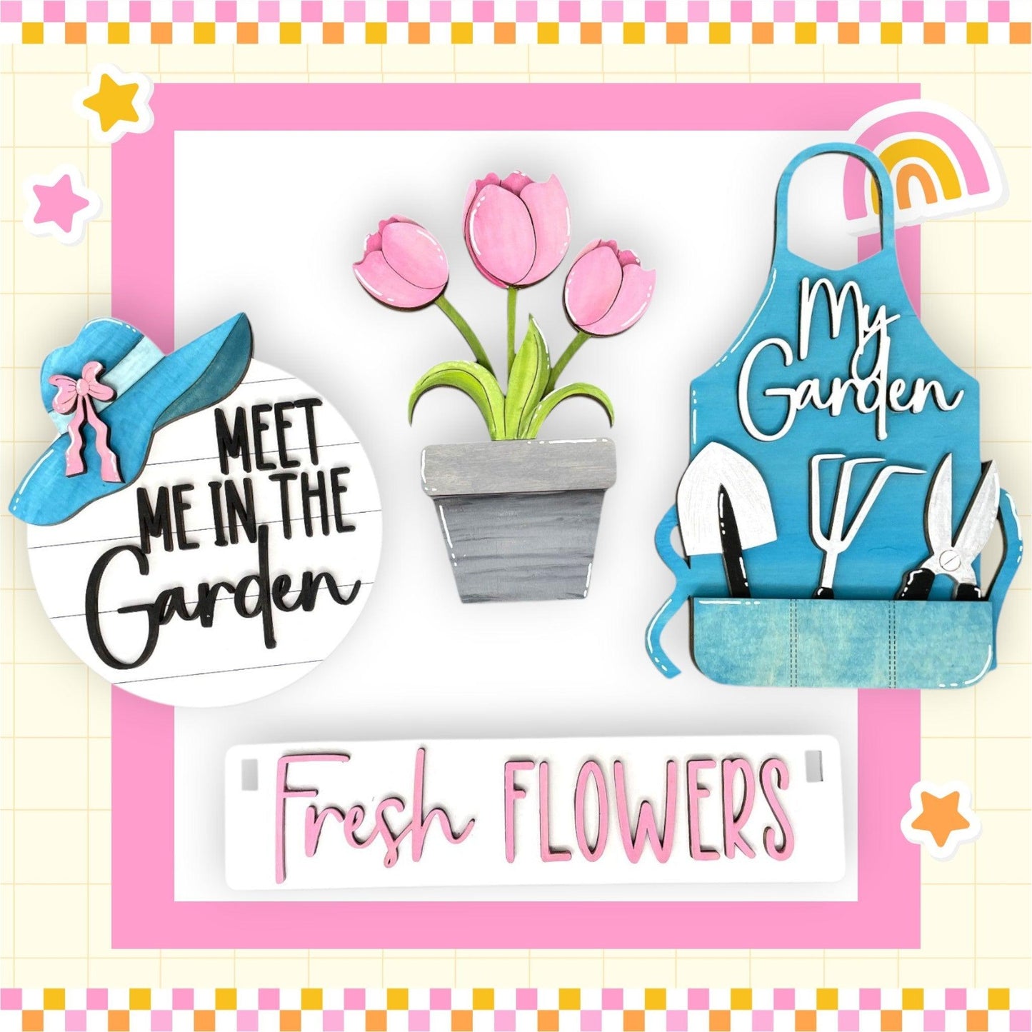 a pink and white card with flowers and a potted plant