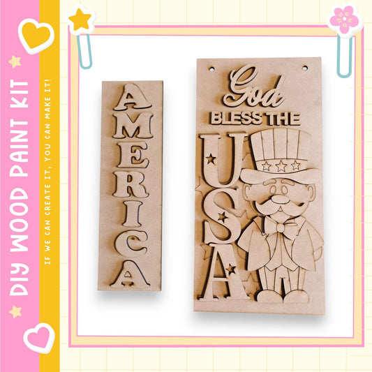two wooden cutouts, one with the word "AMERICA" carved into it and the other with a patriotic figure wearing a hat and a bow tie.