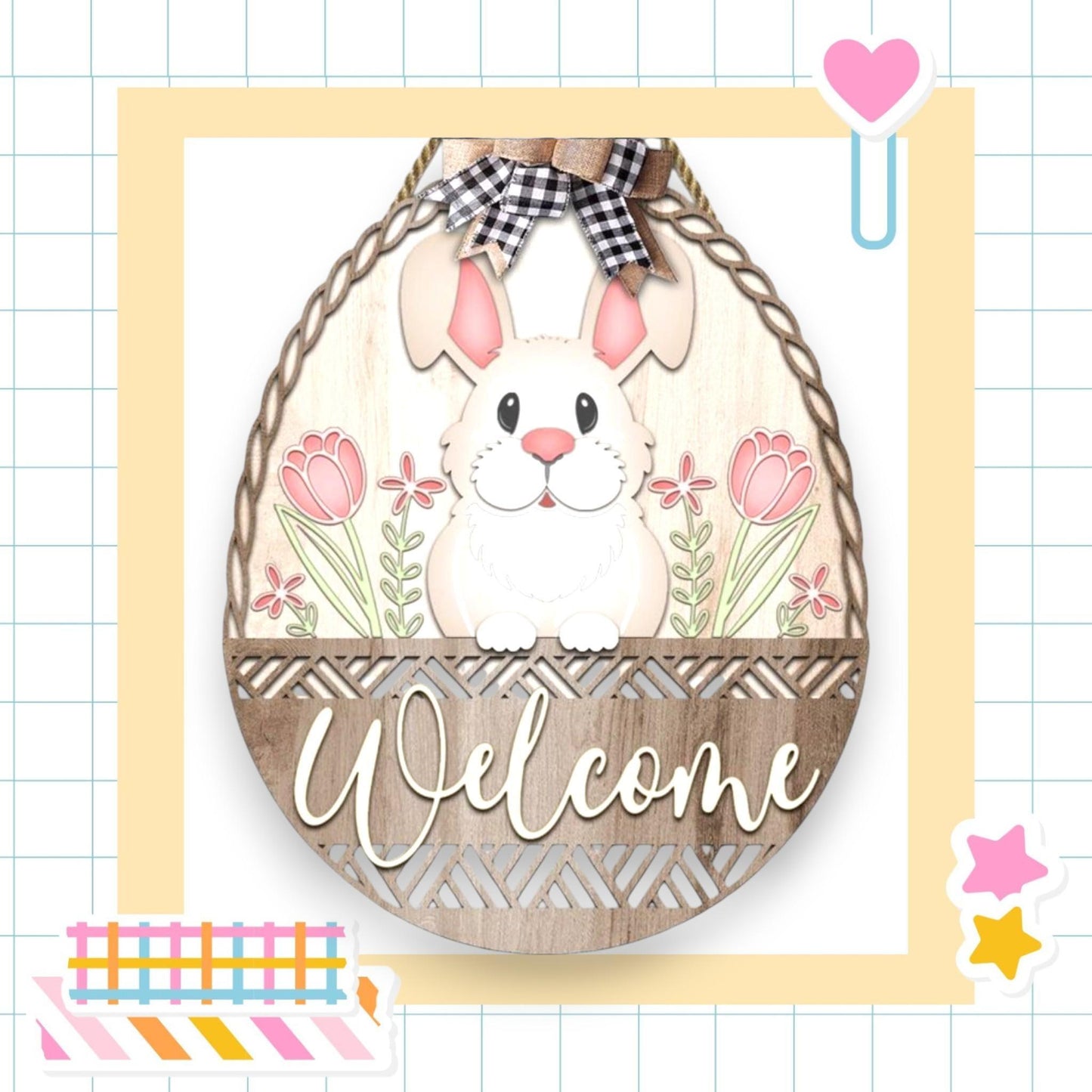 a wooden sign that says welcome with a bunny in a basket