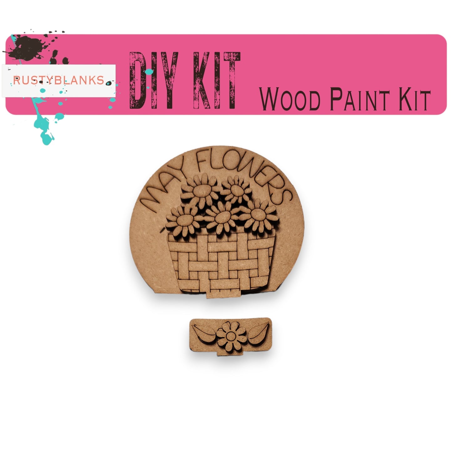 The image is a DIY kit for a wood paint kit, featuring a wooden flower-shaped object and a leaf-shaped object.